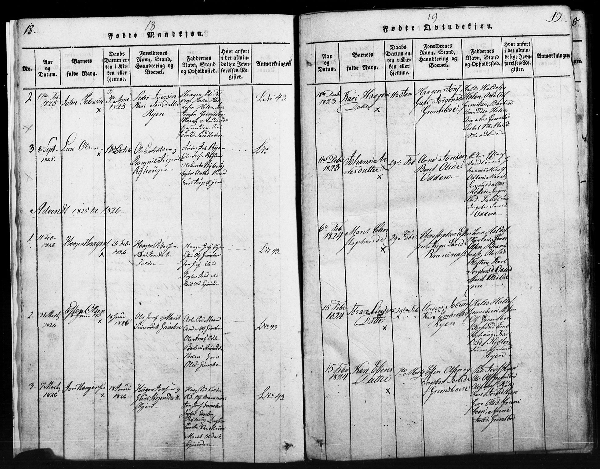 Tynset prestekontor, SAH/PREST-058/H/Ha/Hab/L0003: Parish register (copy) no. 3, 1814-1862, p. 18-19
