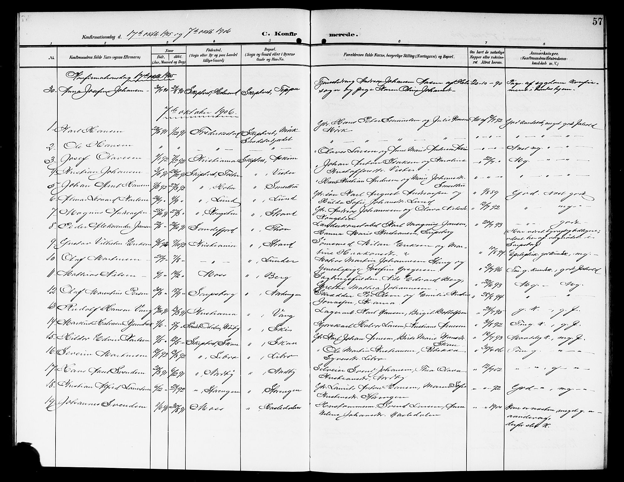 Skiptvet prestekontor Kirkebøker, SAO/A-20009/G/Ga/L0002: Parish register (copy) no. 2, 1905-1915, p. 57