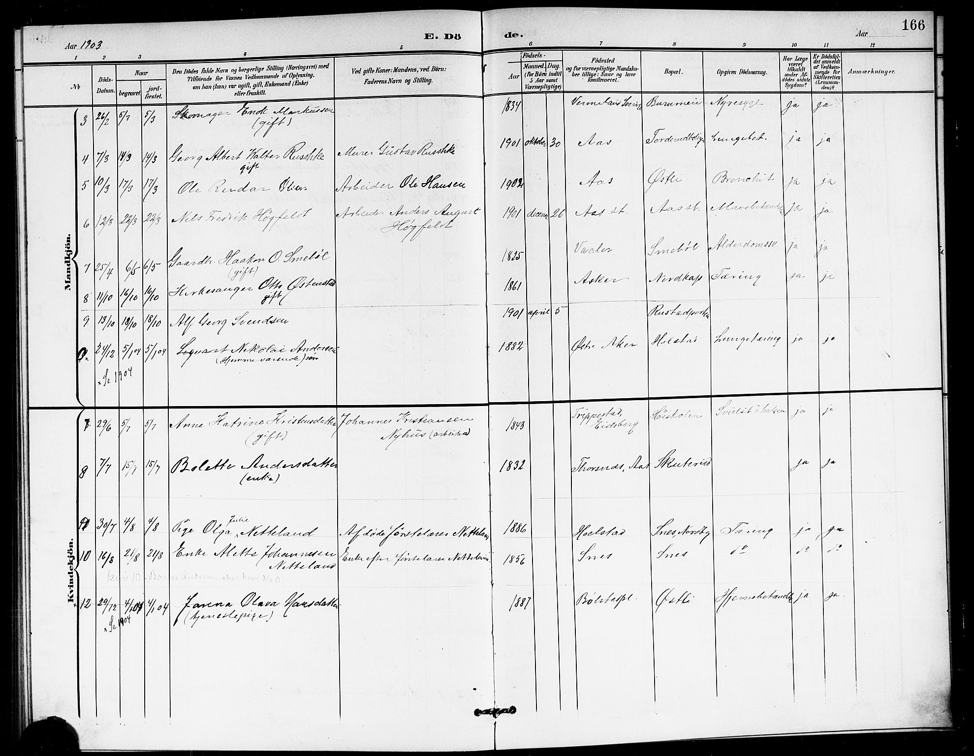 Ås prestekontor Kirkebøker, AV/SAO-A-10894/G/Ga/L0004: Parish register (copy) no. I 4, 1901-1915, p. 166