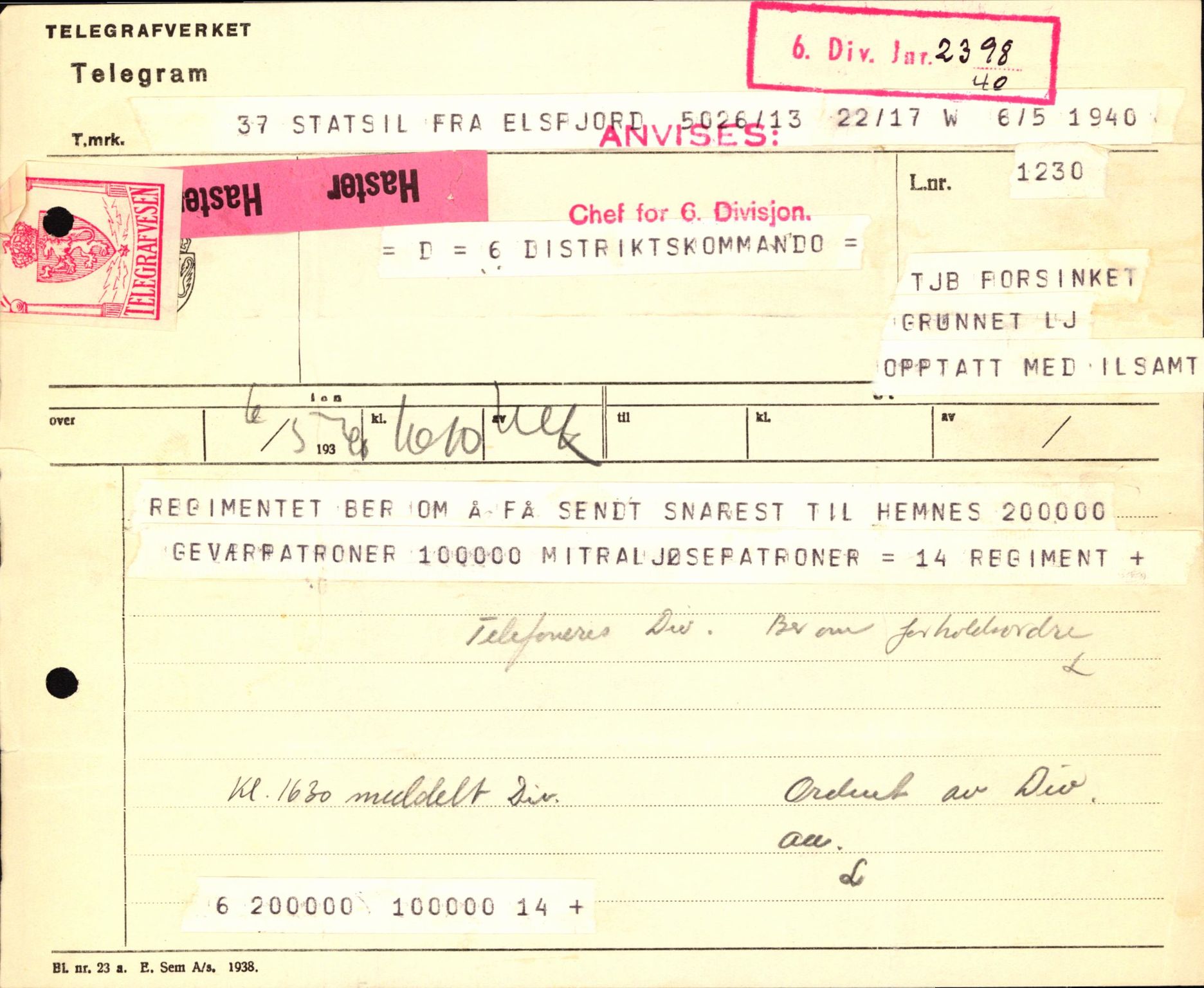 Forsvaret, Forsvarets krigshistoriske avdeling, AV/RA-RAFA-2017/Y/Yb/L0123: II-C-11-600  -  6. Divisjon med avdelinger, 1940, p. 421