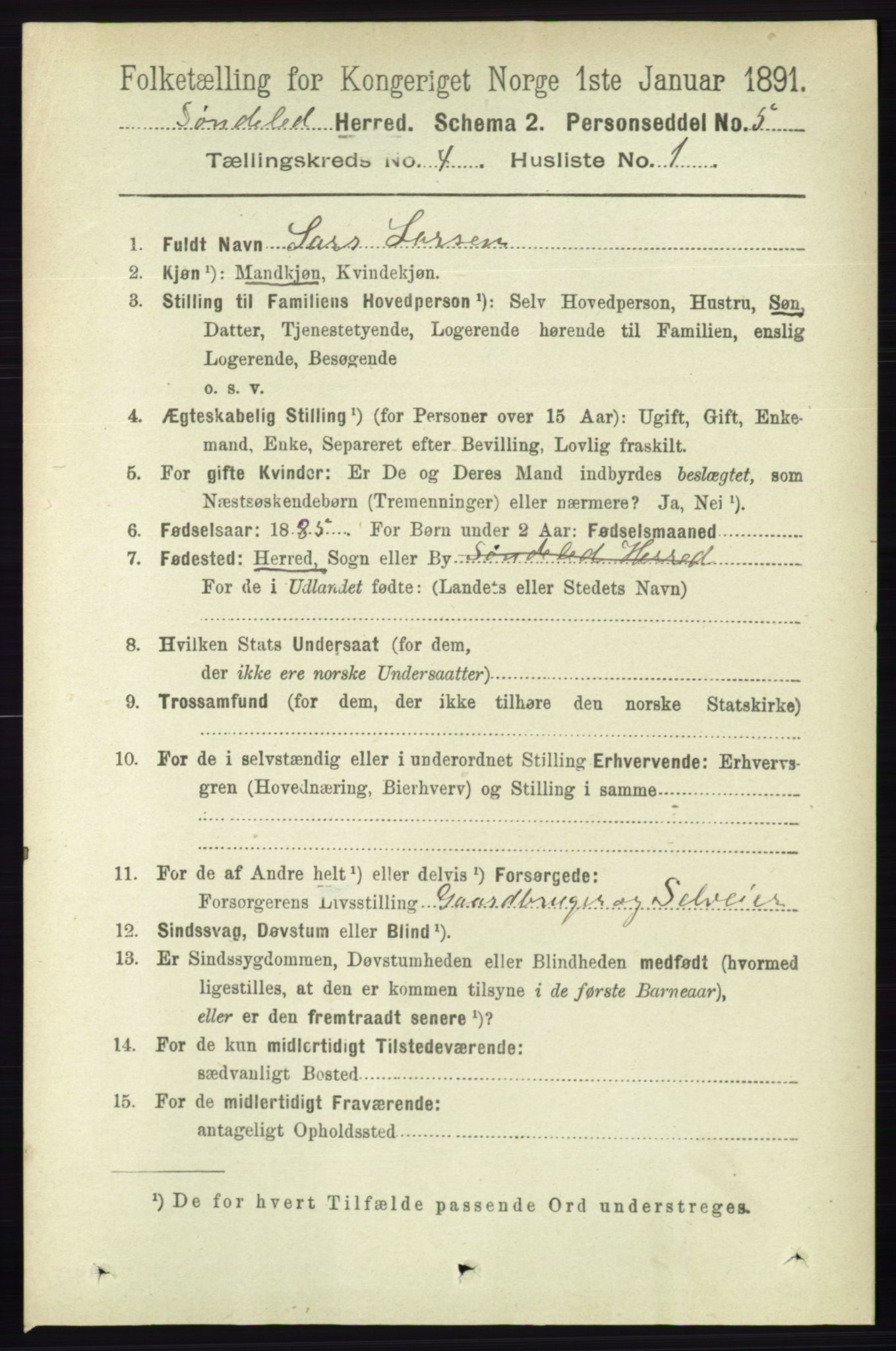 RA, 1891 census for 0913 Søndeled, 1891, p. 881