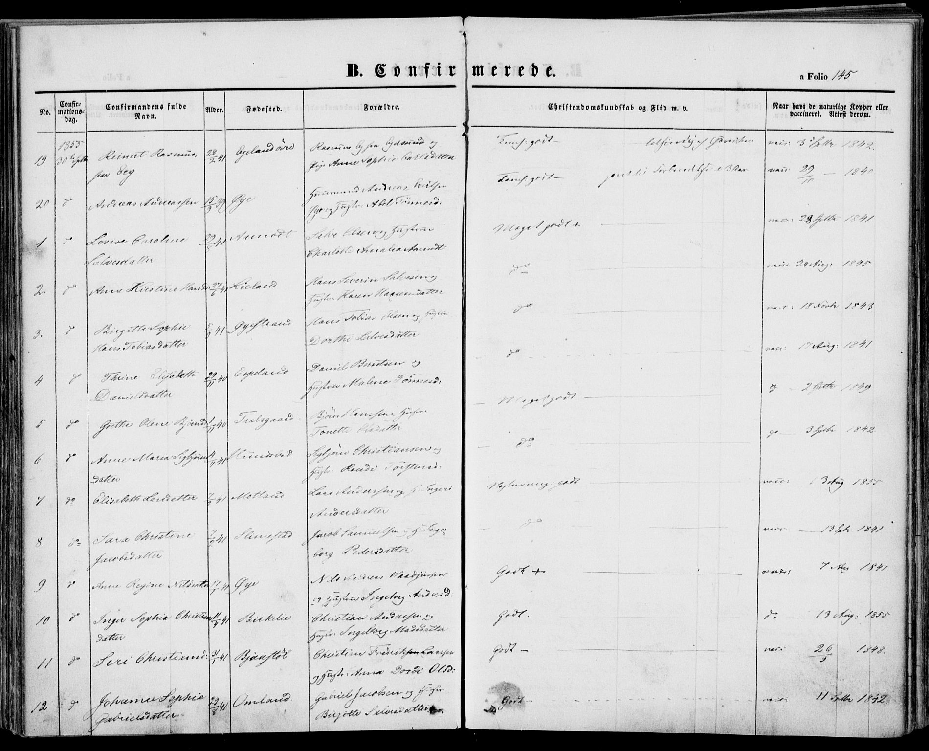 Kvinesdal sokneprestkontor, AV/SAK-1111-0026/F/Fa/Fab/L0005: Parish register (official) no. A 5, 1844-1857, p. 145