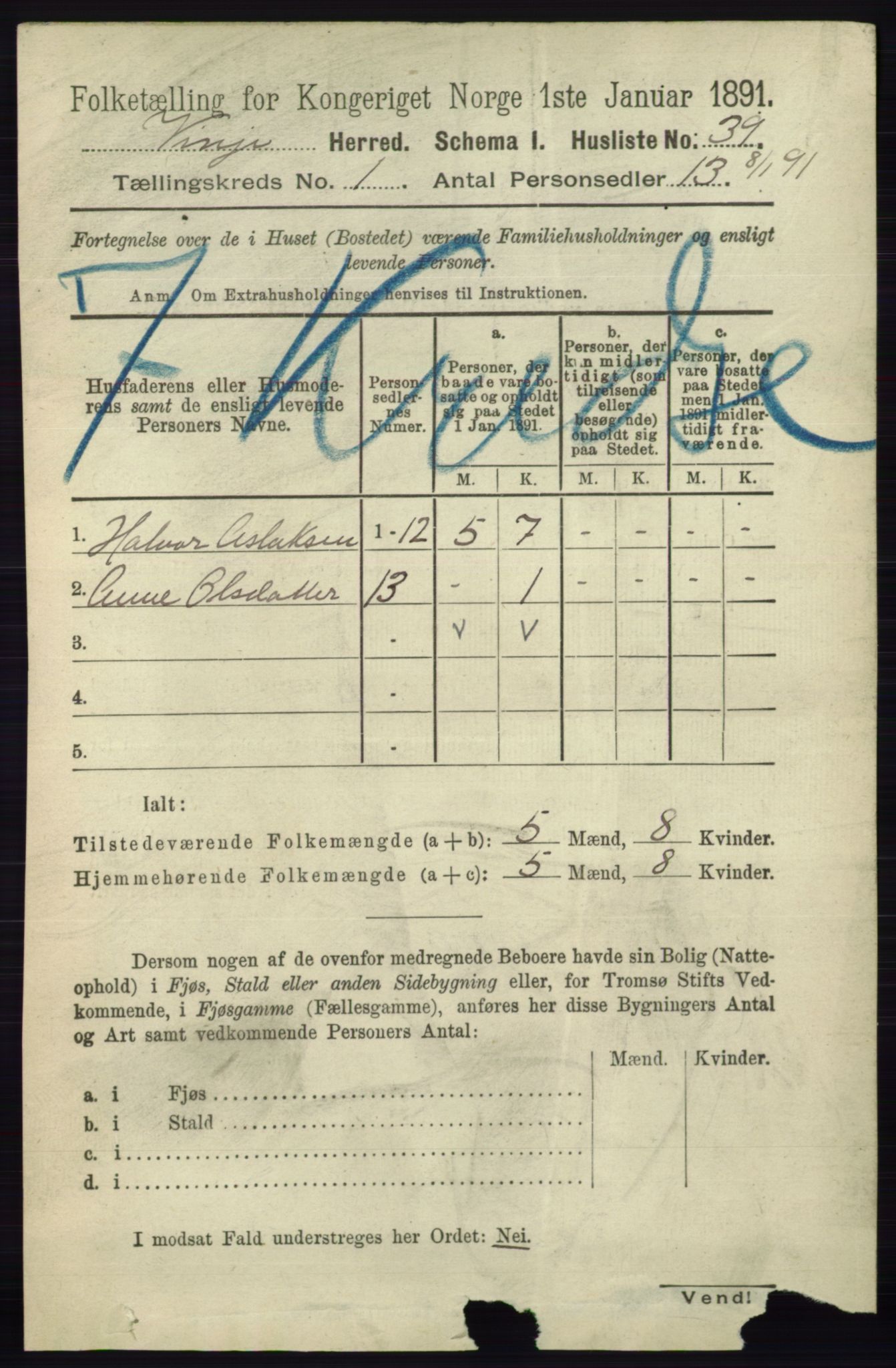 RA, 1891 census for 0834 Vinje, 1891, p. 58