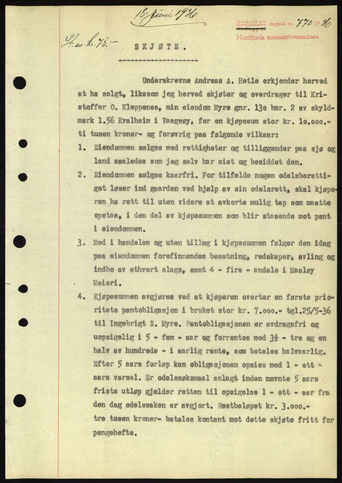 Nordfjord sorenskriveri, AV/SAB-A-2801/02/02b/02bj/L0001: Mortgage book no. A1, 1936-1937, Diary no: : 770/1936