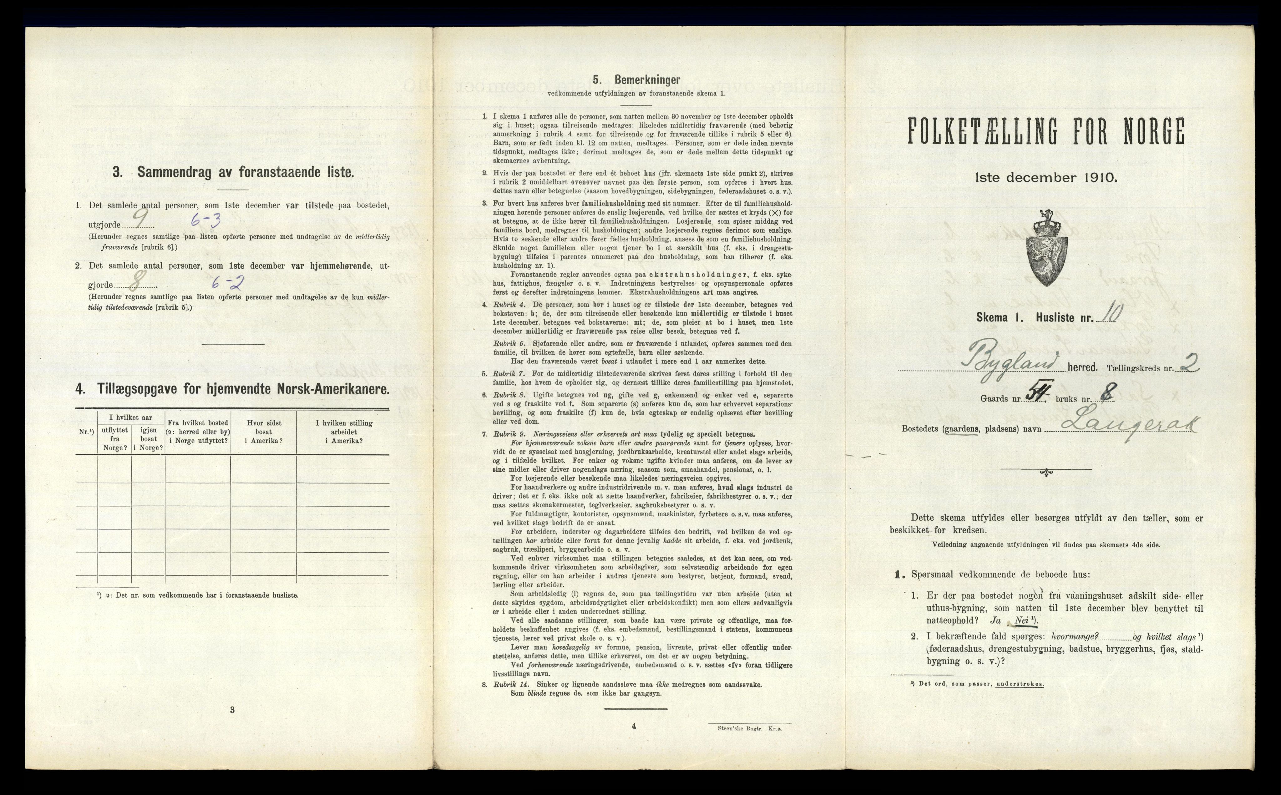 RA, 1910 census for Bygland, 1910, p. 159