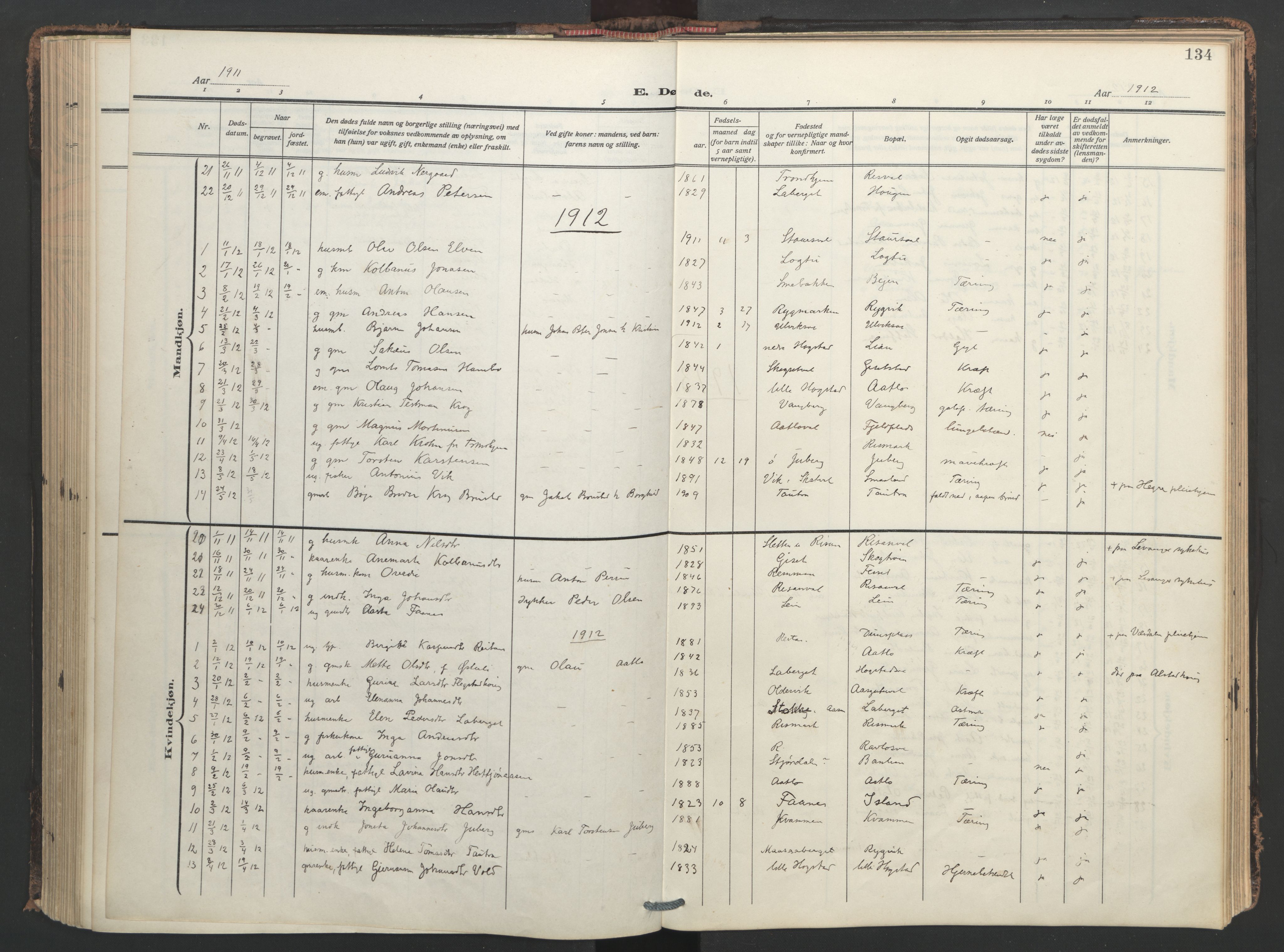 Ministerialprotokoller, klokkerbøker og fødselsregistre - Nord-Trøndelag, SAT/A-1458/713/L0123: Parish register (official) no. 713A12, 1911-1925, p. 134