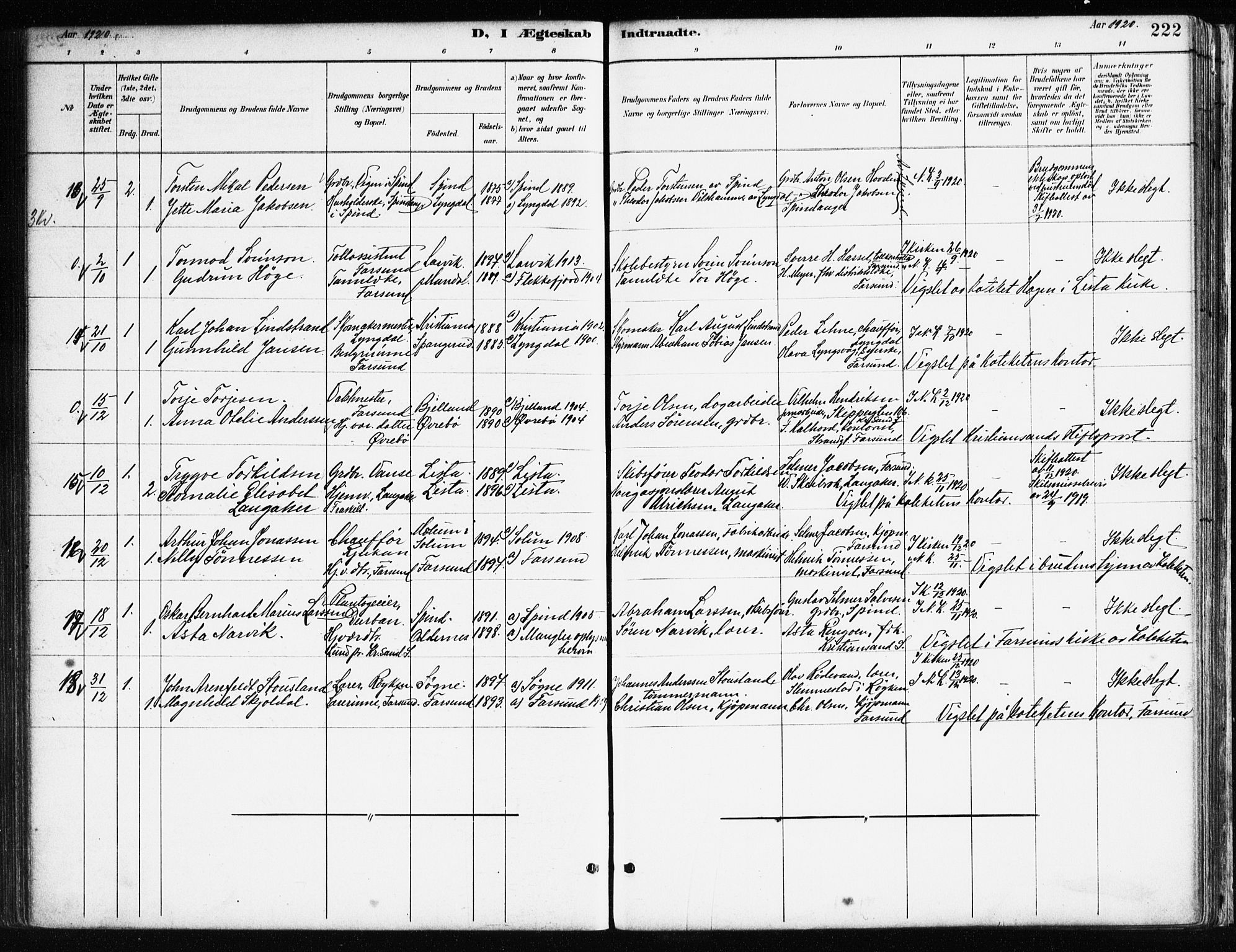 Farsund sokneprestkontor, SAK/1111-0009/F/Fa/L0006: Parish register (official) no. A 6, 1887-1920, p. 222