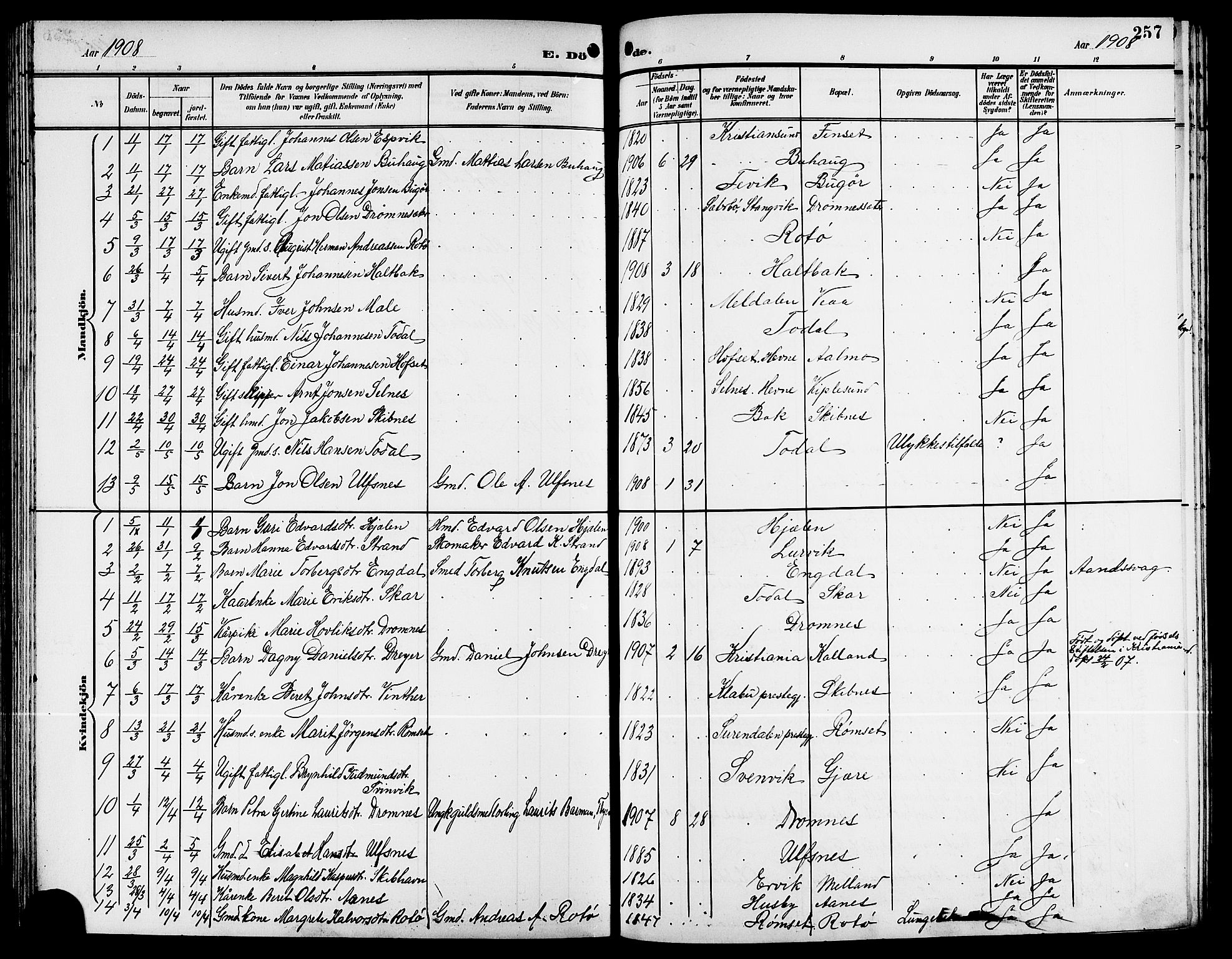 Ministerialprotokoller, klokkerbøker og fødselsregistre - Møre og Romsdal, SAT/A-1454/578/L0910: Parish register (copy) no. 578C03, 1900-1921, p. 257