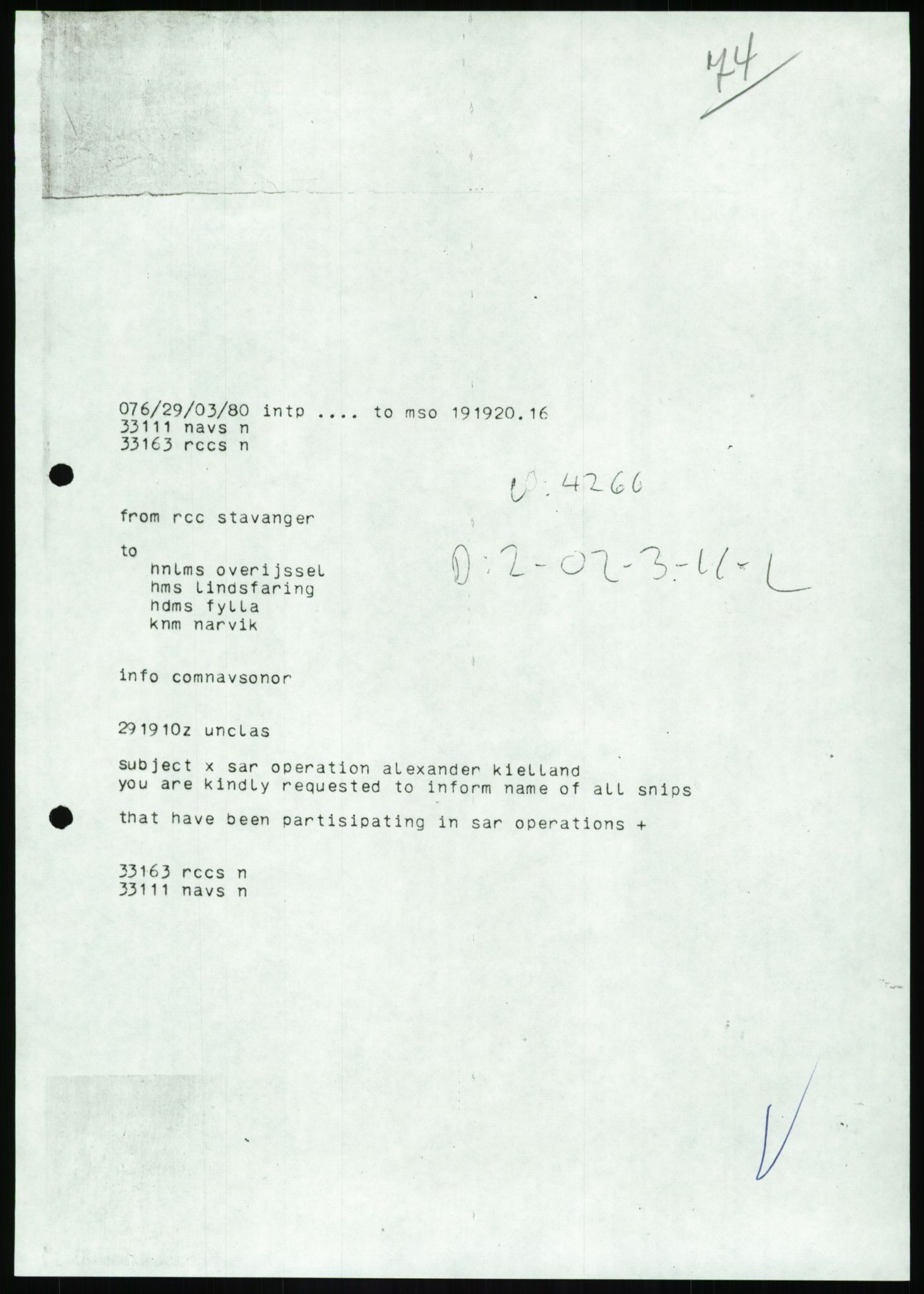 Justisdepartementet, Granskningskommisjonen ved Alexander Kielland-ulykken 27.3.1980, AV/RA-S-1165/D/L0017: P Hjelpefartøy (Doku.liste + P1-P6 av 6)/Q Hovedredningssentralen (Q0-Q27 av 27), 1980-1981, p. 223