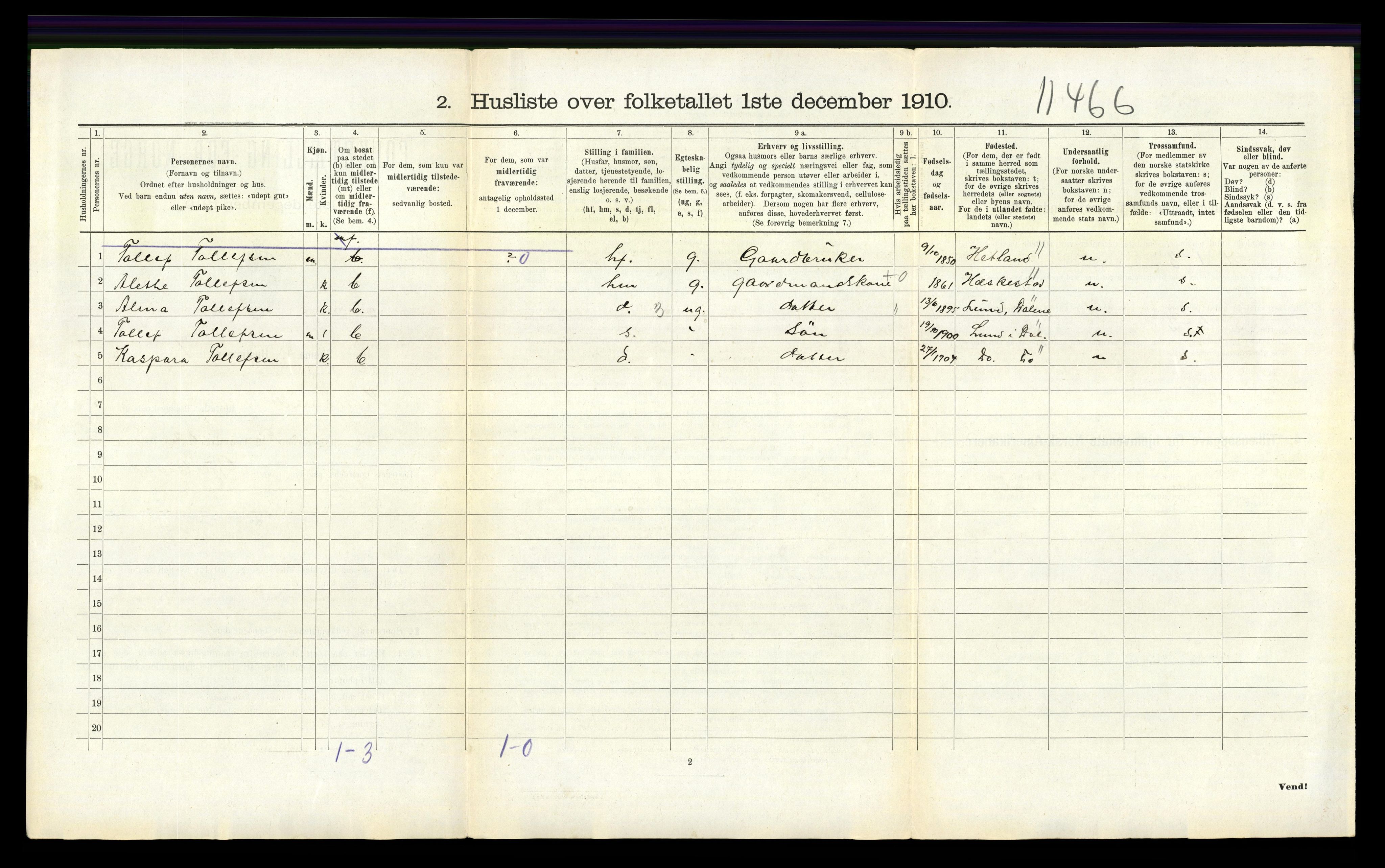 RA, 1910 census for Helleland, 1910, p. 268