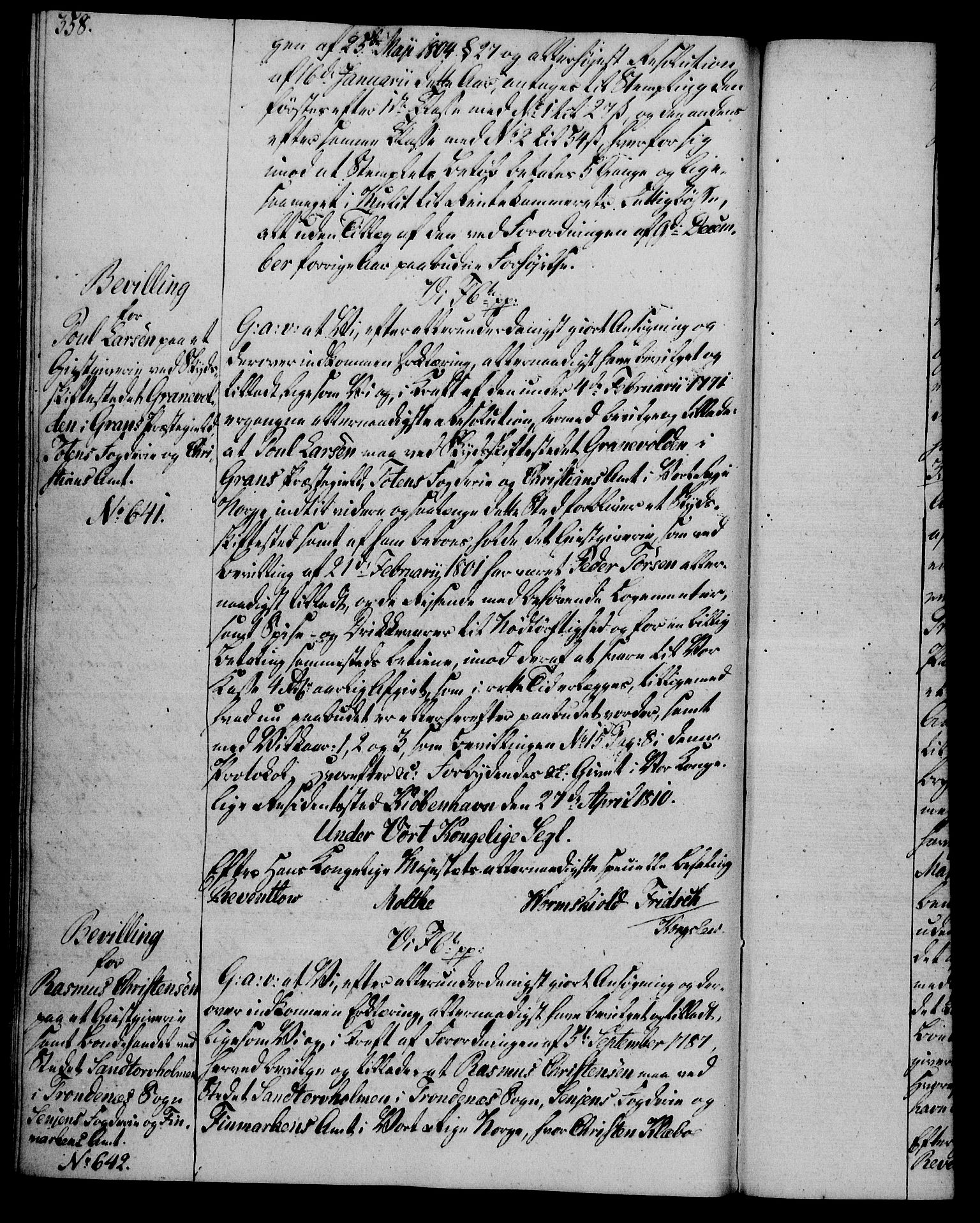 Rentekammeret, Kammerkanselliet, RA/EA-3111/G/Gg/Gga/L0019: Norsk ekspedisjonsprotokoll med register (merket RK 53.19), 1807-1810, p. 358