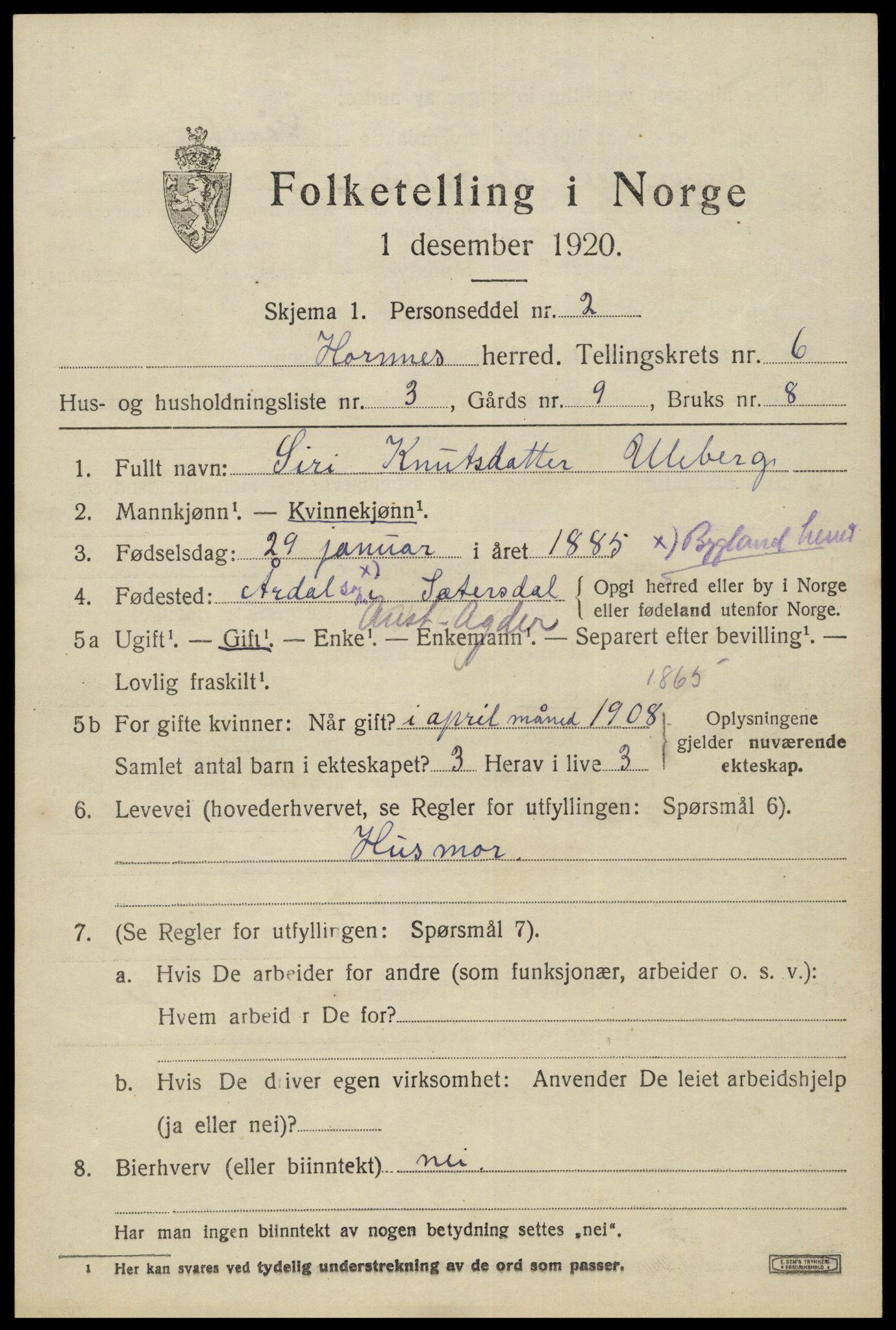 SAK, 1920 census for Hornnes, 1920, p. 1579