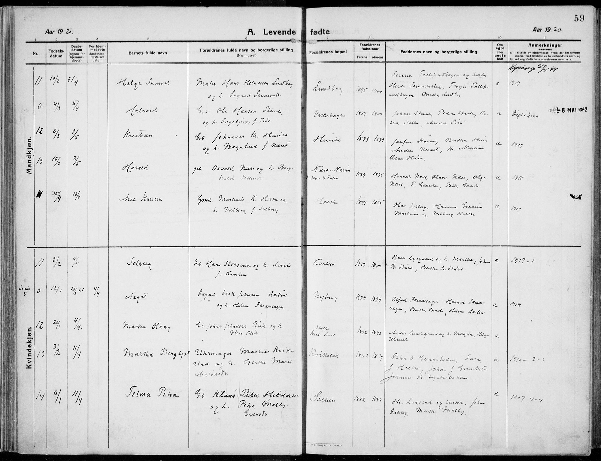 Kolbu prestekontor, SAH/PREST-110/H/Ha/Haa/L0002: Parish register (official) no. 2, 1912-1926, p. 59