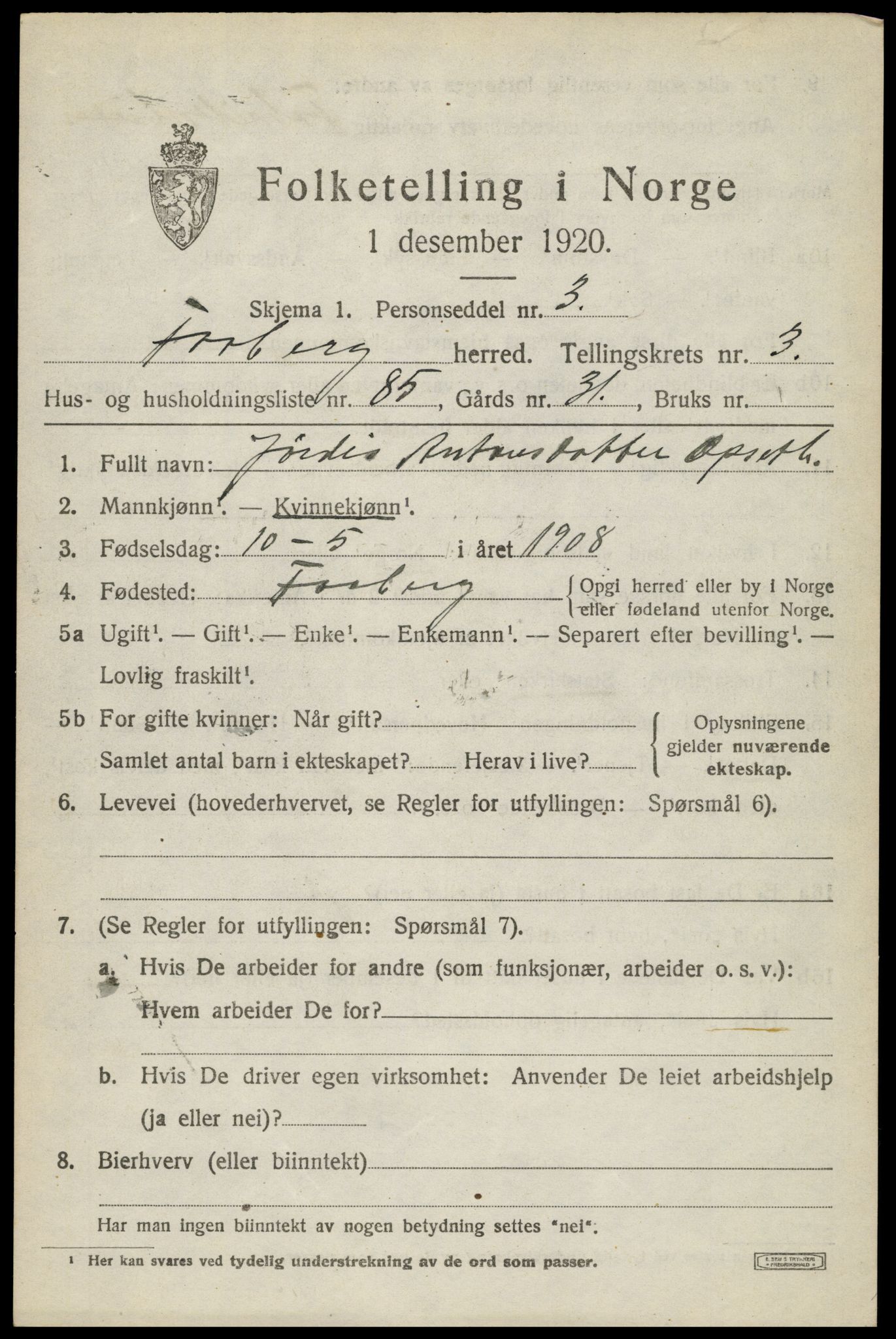 SAH, 1920 census for Fåberg, 1920, p. 4470