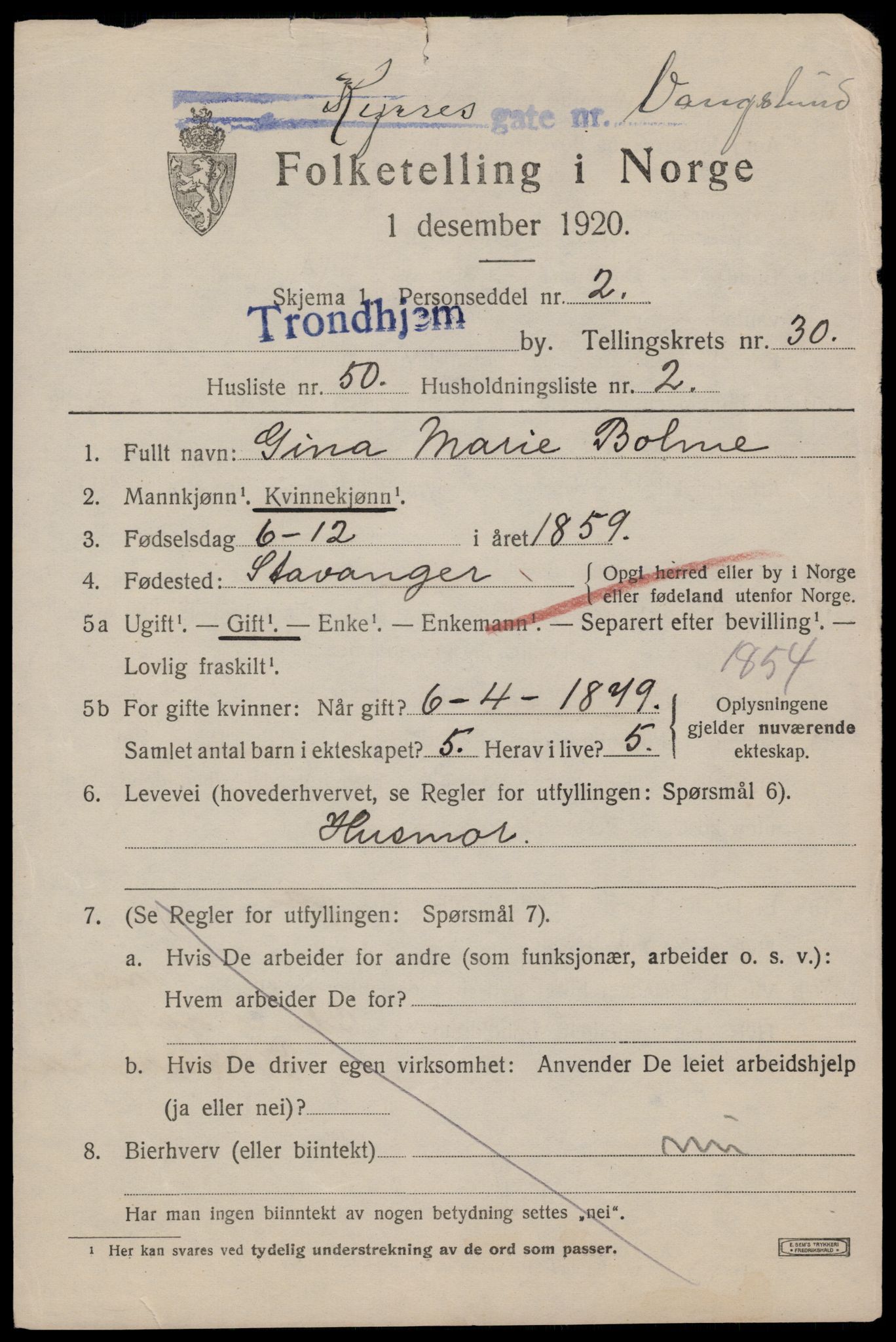 SAT, 1920 census for Trondheim, 1920, p. 76176