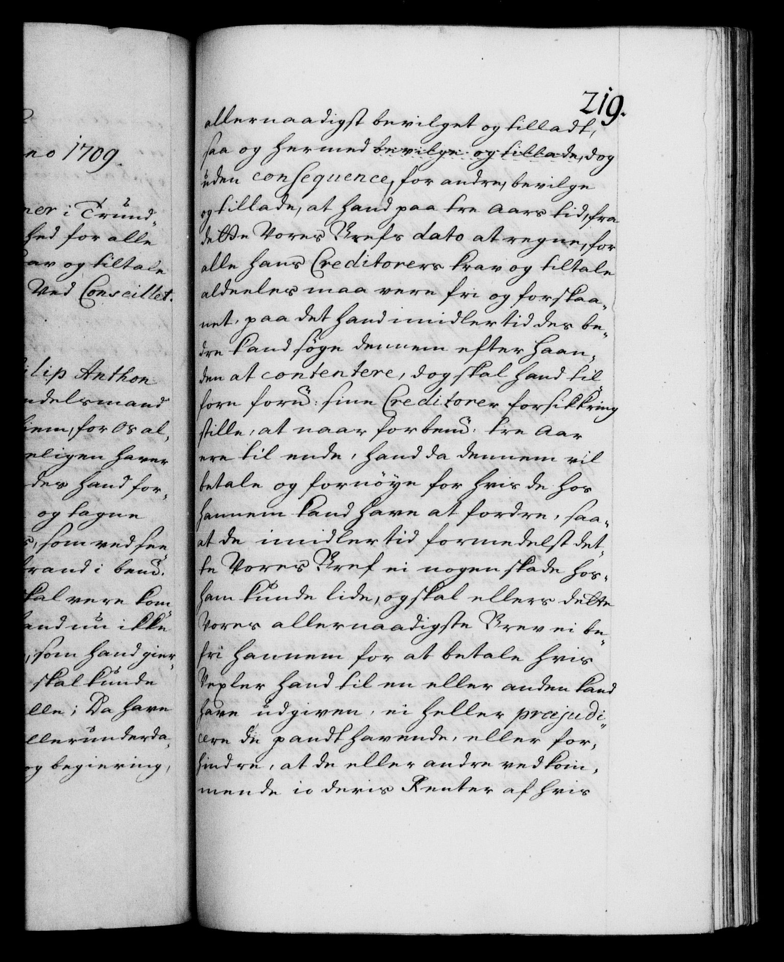 Danske Kanselli 1572-1799, AV/RA-EA-3023/F/Fc/Fca/Fcaa/L0020: Norske registre, 1708-1711, p. 219a
