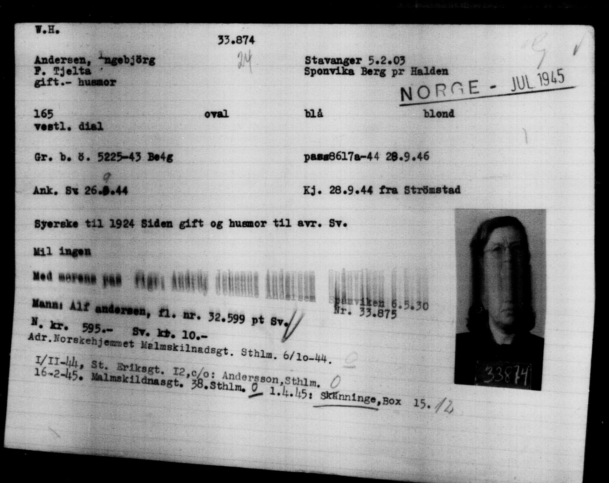 Utenriksstasjonene, Legasjonen i Stockholm, Flyktningkontoret, AV/RA-S-6753/V/Va/L0013: Kjesäterkartoteket, flyktninger med registreringsnr. 31500-34731, 1940-1945, p. 2509