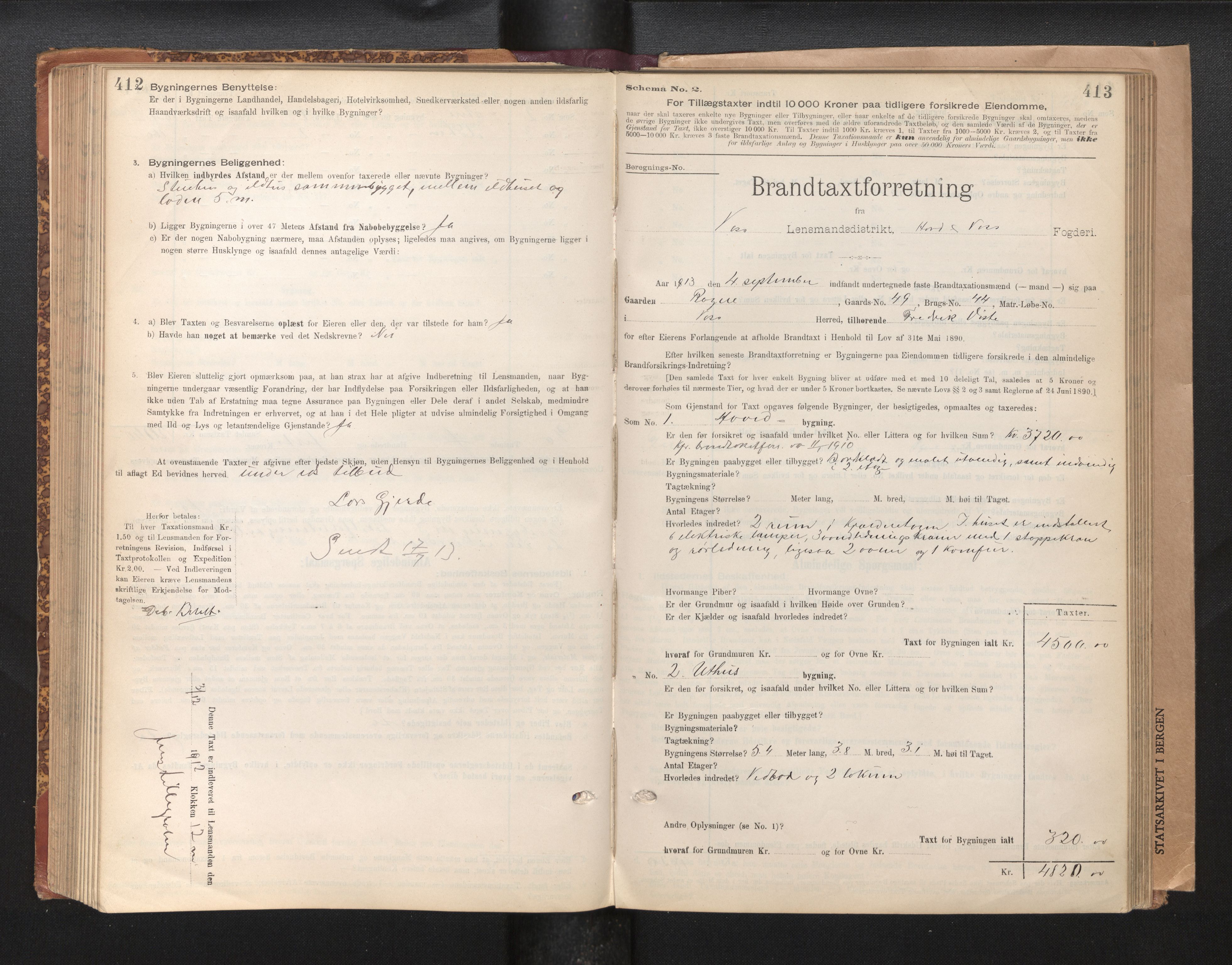 Lensmannen i Voss, SAB/A-35801/0012/L0008: Branntakstprotokoll, skjematakst, 1895-1945, p. 412-413