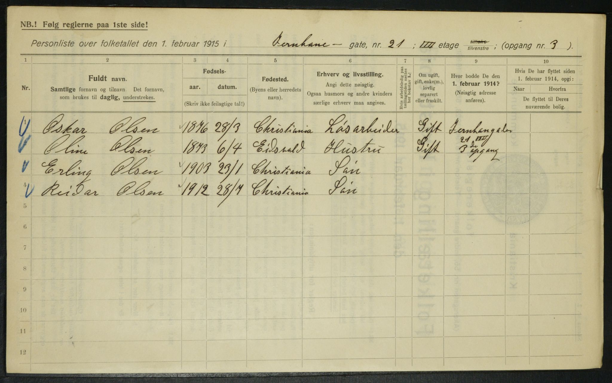 OBA, Municipal Census 1915 for Kristiania, 1915, p. 46455