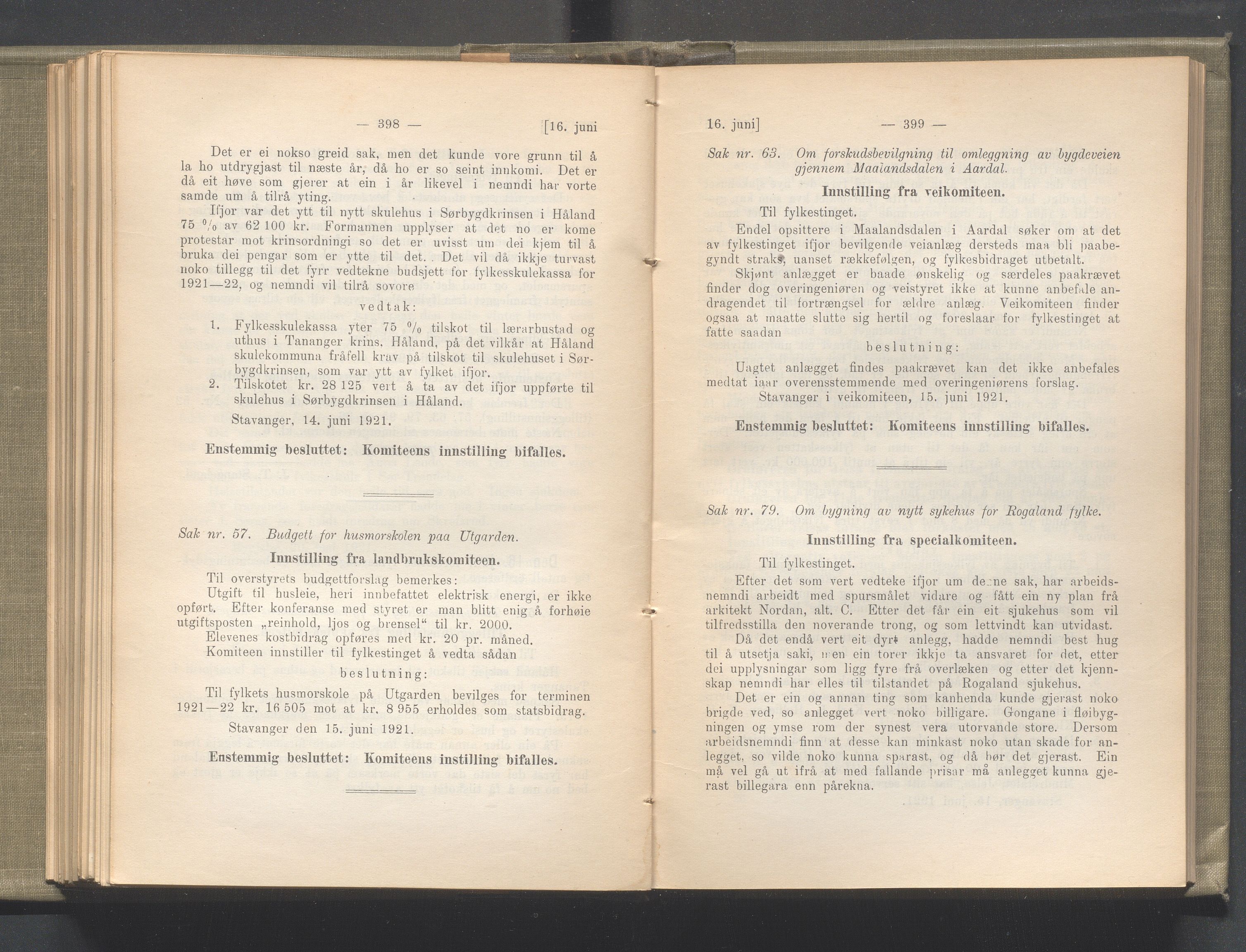 Rogaland fylkeskommune - Fylkesrådmannen , IKAR/A-900/A/Aa/Aaa/L0040: Møtebok , 1921, p. 398-399