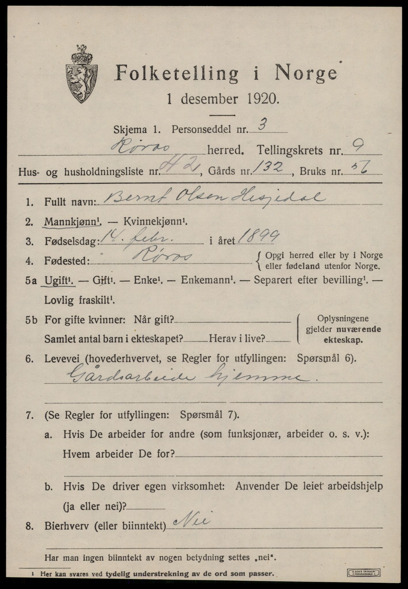 SAT, 1920 census for Røros, 1920, p. 8160