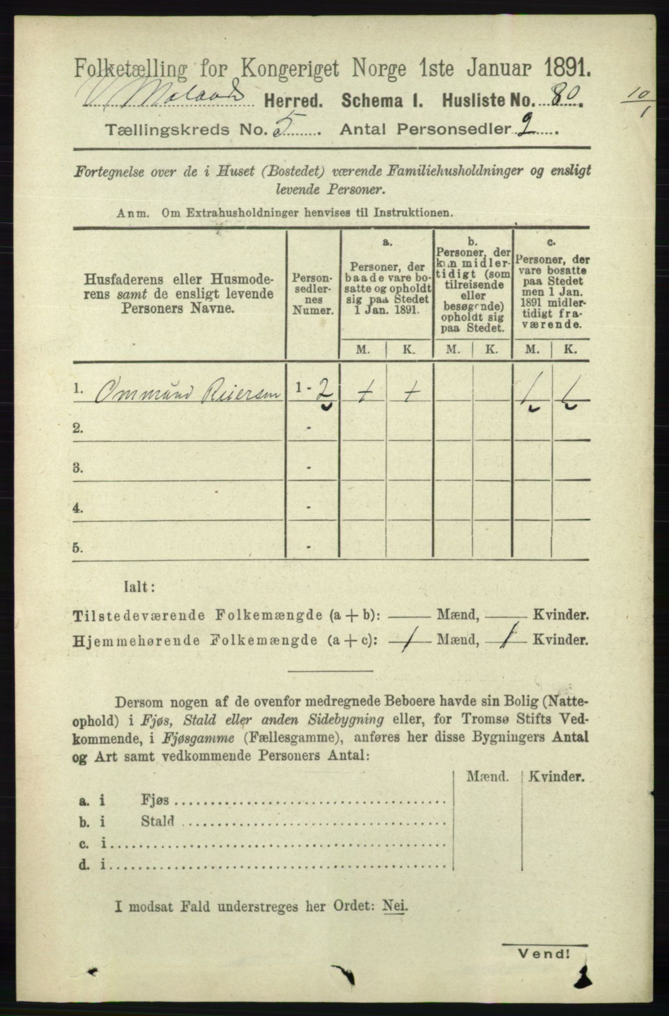 RA, 1891 census for 0926 Vestre Moland, 1891, p. 1840