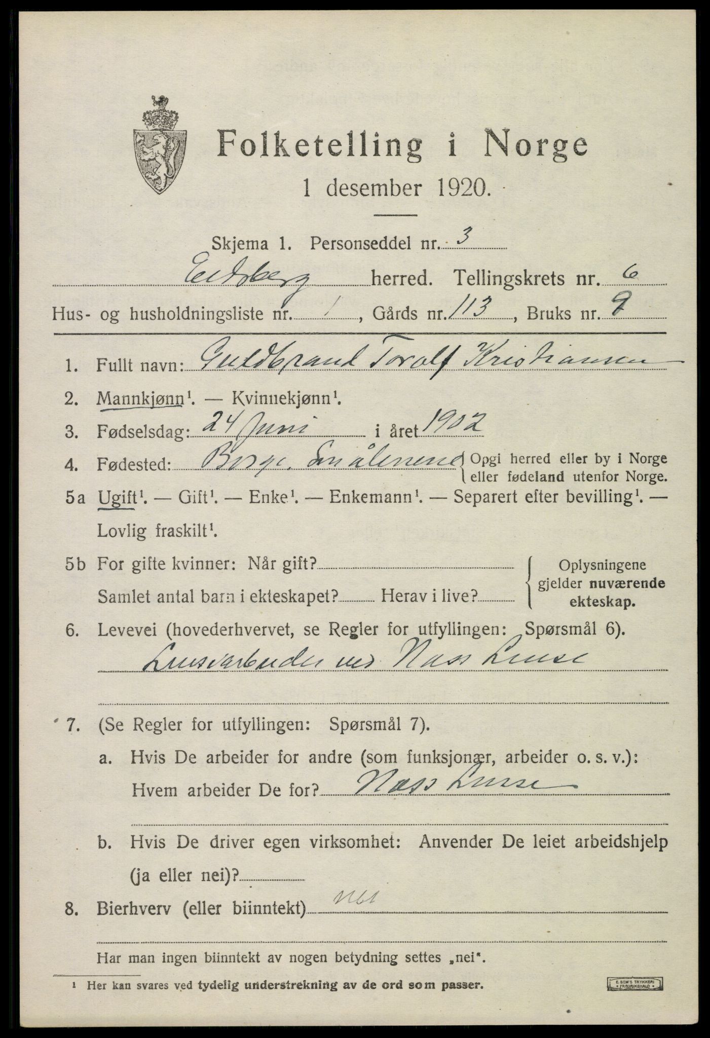 SAO, 1920 census for Eidsberg, 1920, p. 7485