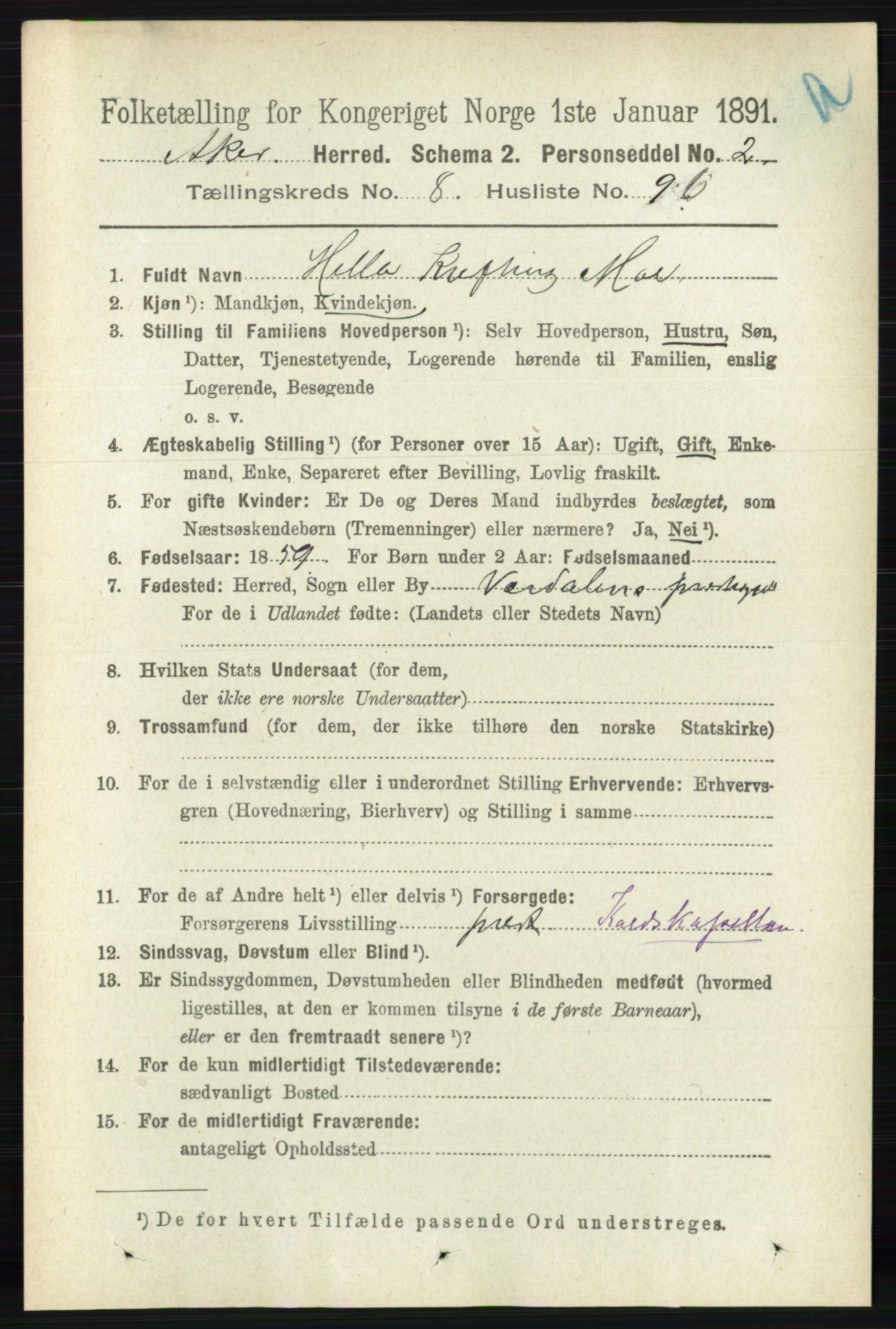 RA, 1891 census for 0218 Aker, 1891, p. 8069