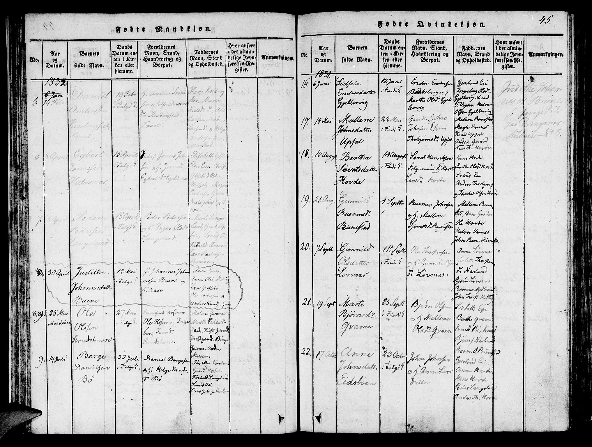 Finnøy sokneprestkontor, SAST/A-101825/H/Ha/Haa/L0006: Parish register (official) no. A 6, 1816-1846, p. 45