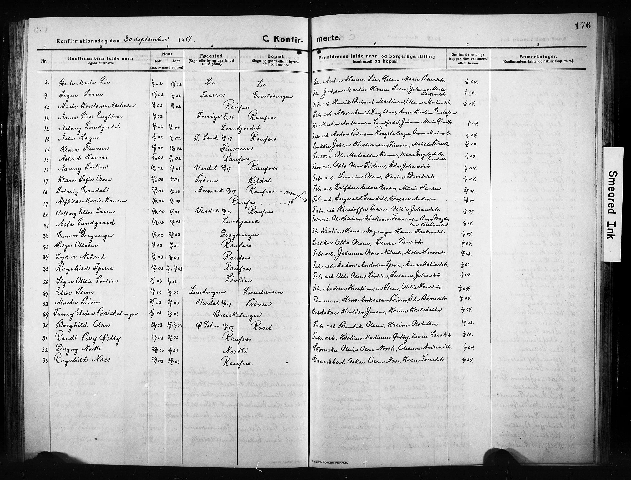 Vestre Toten prestekontor, SAH/PREST-108/H/Ha/Hab/L0012: Parish register (copy) no. 12, 1909-1928, p. 176
