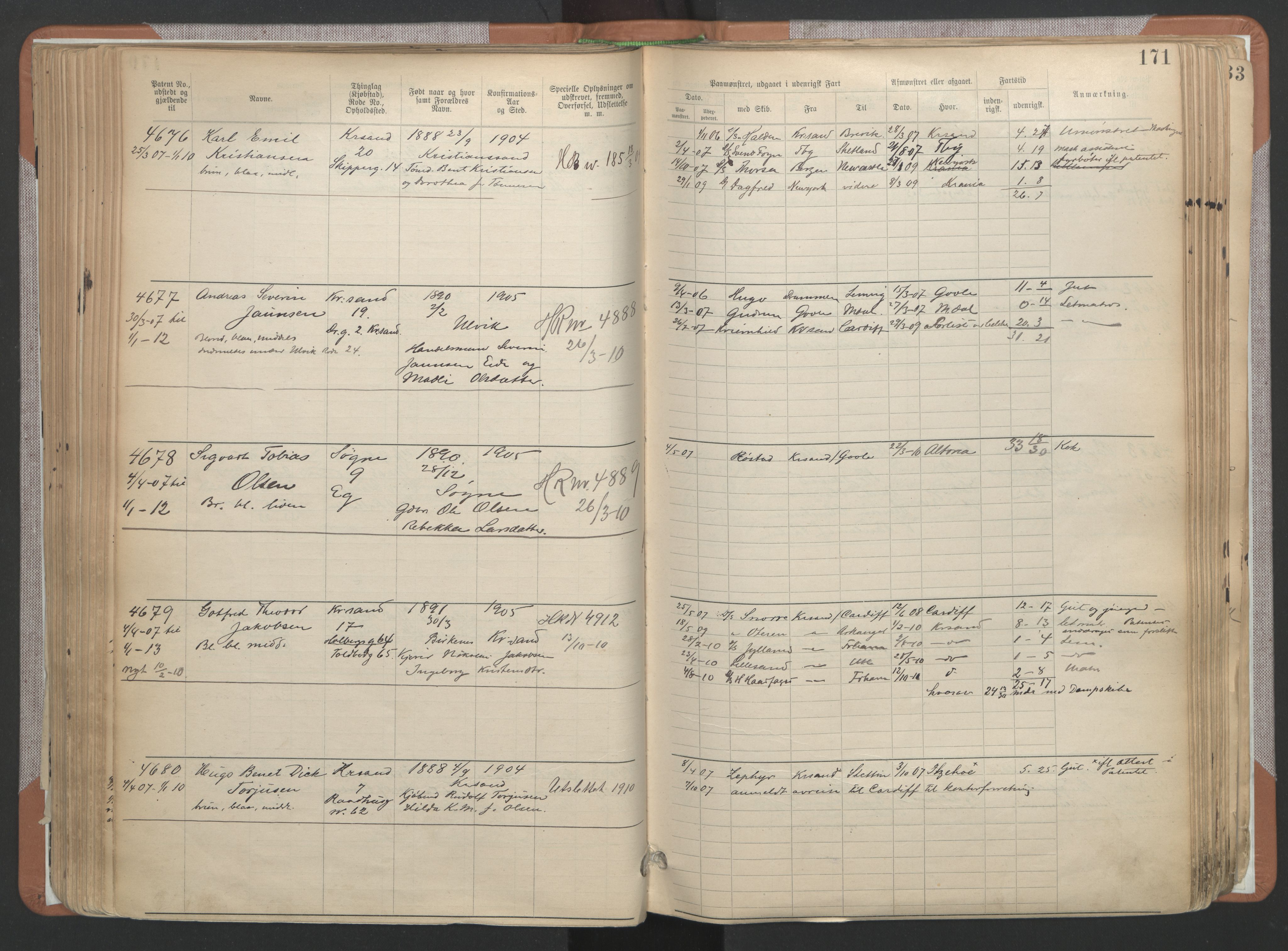 Kristiansand mønstringskrets, AV/SAK-2031-0015/F/Fa/L0007: Annotasjonsrulle nr 3831-6645, I-5, 1898-1920, p. 251