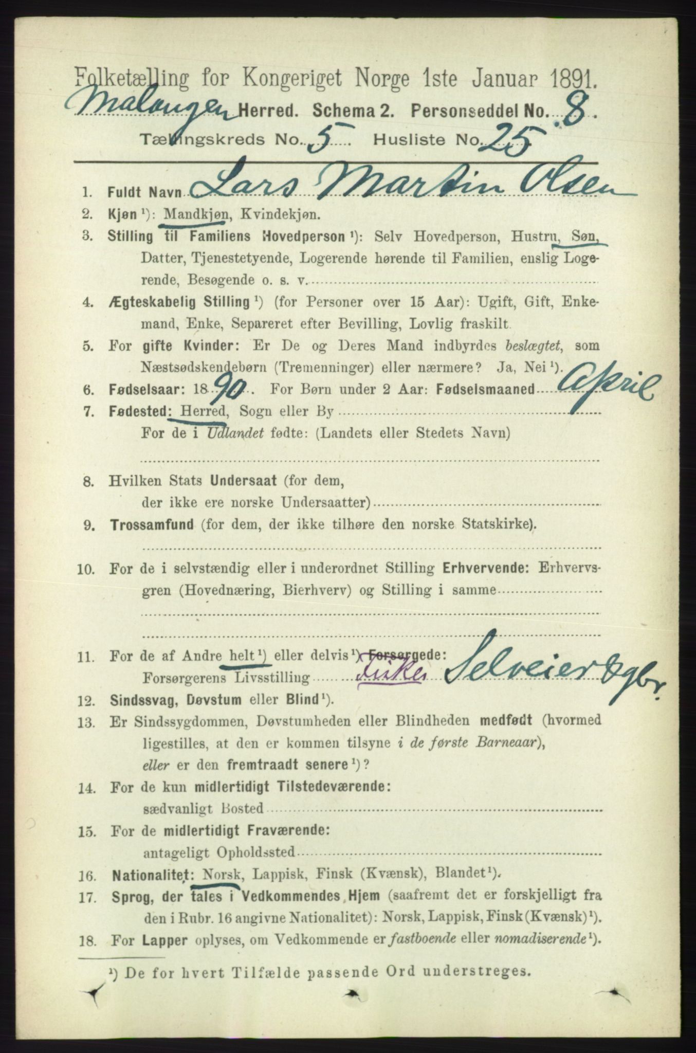 RA, 1891 census for 1932 Malangen, 1891, p. 1727