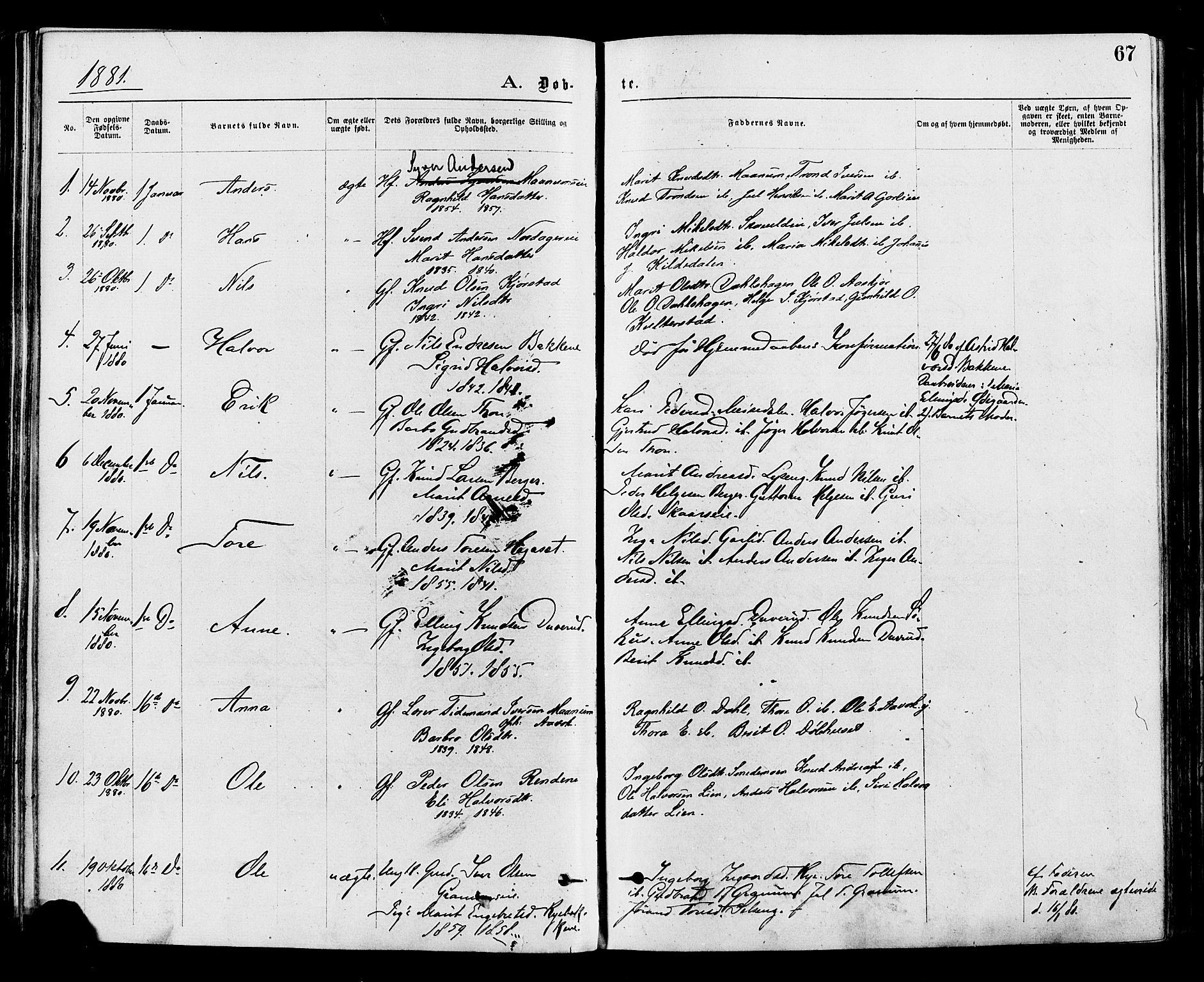 Nord-Aurdal prestekontor, SAH/PREST-132/H/Ha/Haa/L0009: Parish register (official) no. 9, 1876-1882, p. 67