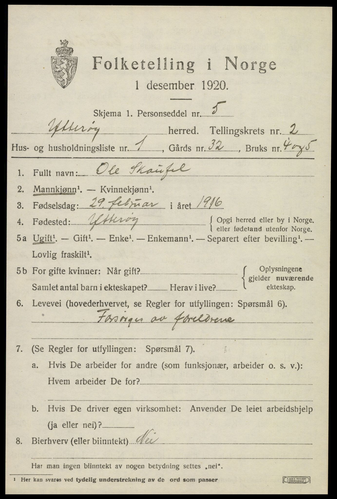 SAT, 1920 census for Ytterøy, 1920, p. 1019