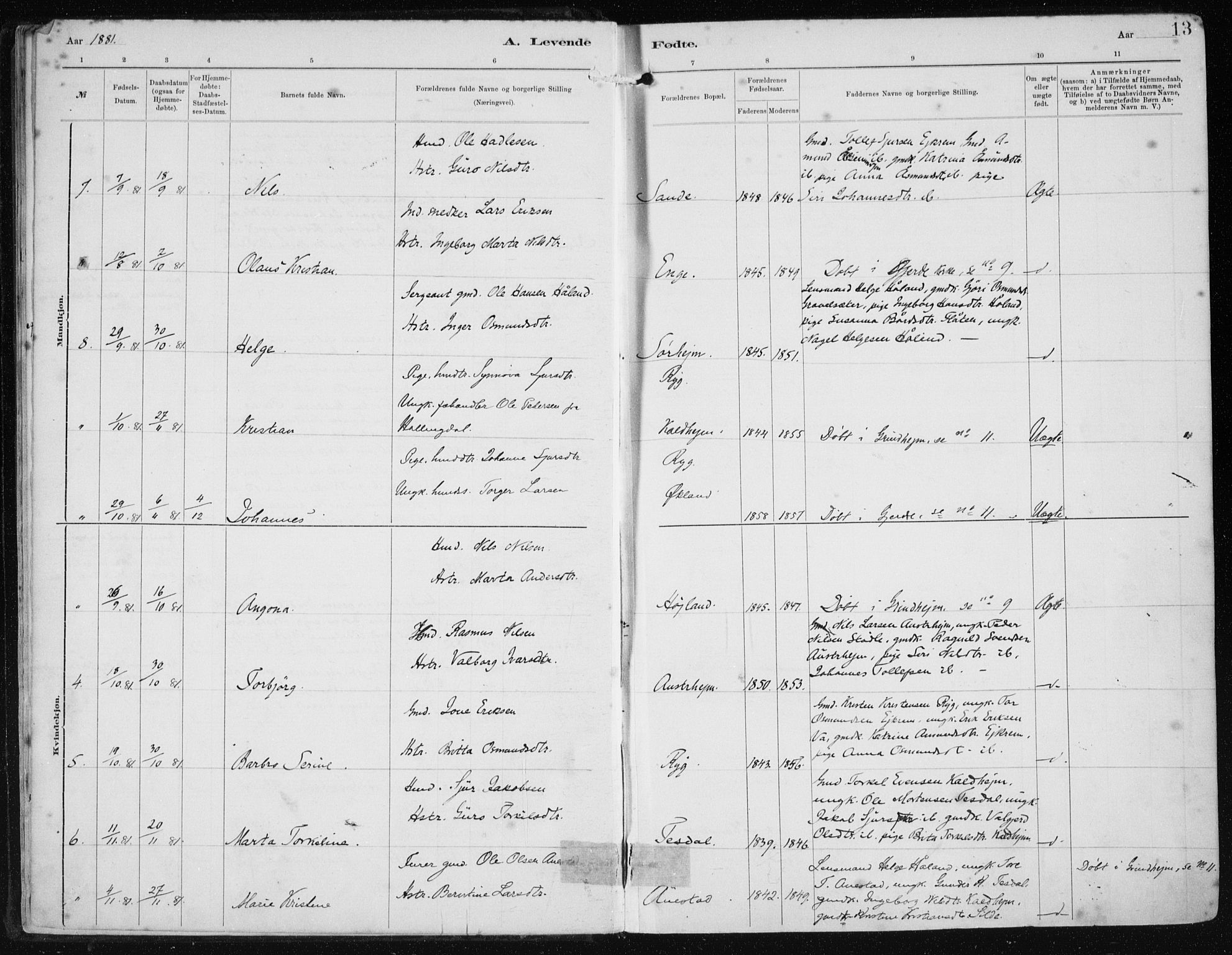 Etne sokneprestembete, AV/SAB-A-75001/H/Haa: Parish register (official) no. B  1, 1879-1919, p. 13