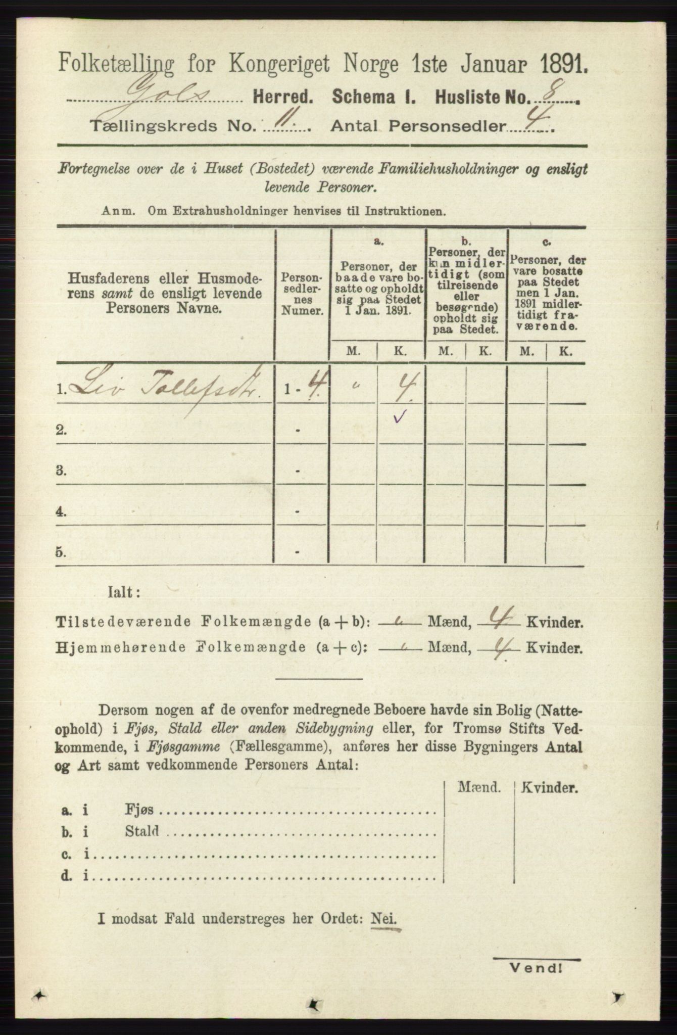 RA, 1891 census for 0617 Gol og Hemsedal, 1891, p. 4289