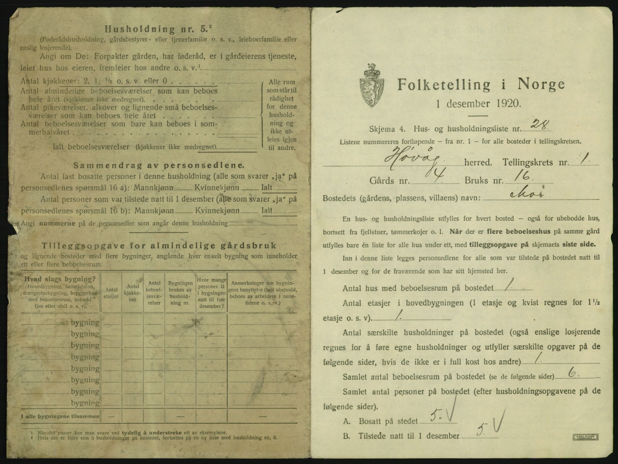 SAK, 1920 census for Høvåg, 1920, p. 88