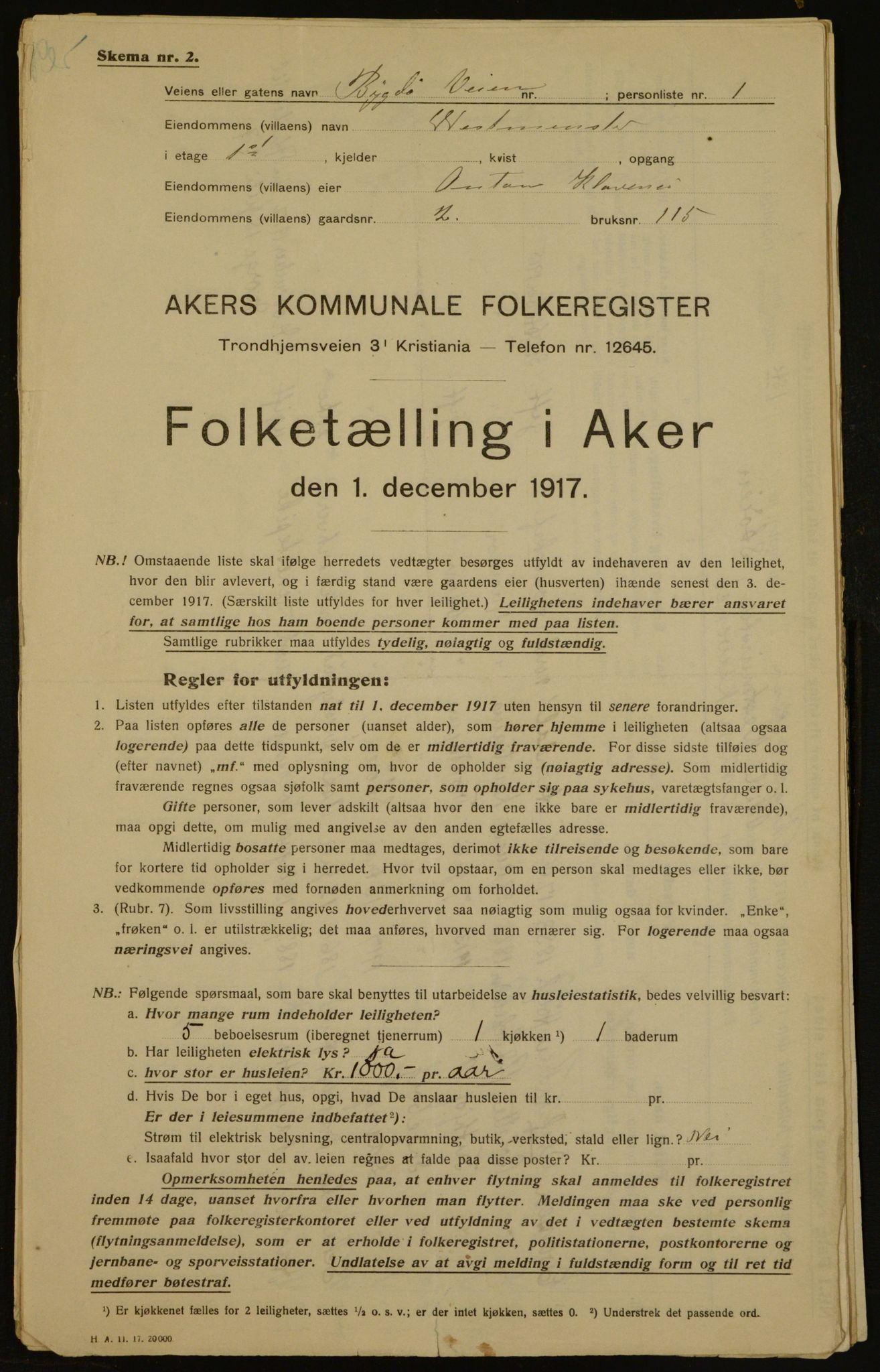 OBA, Municipal Census 1917 for Aker, 1917, p. 4358