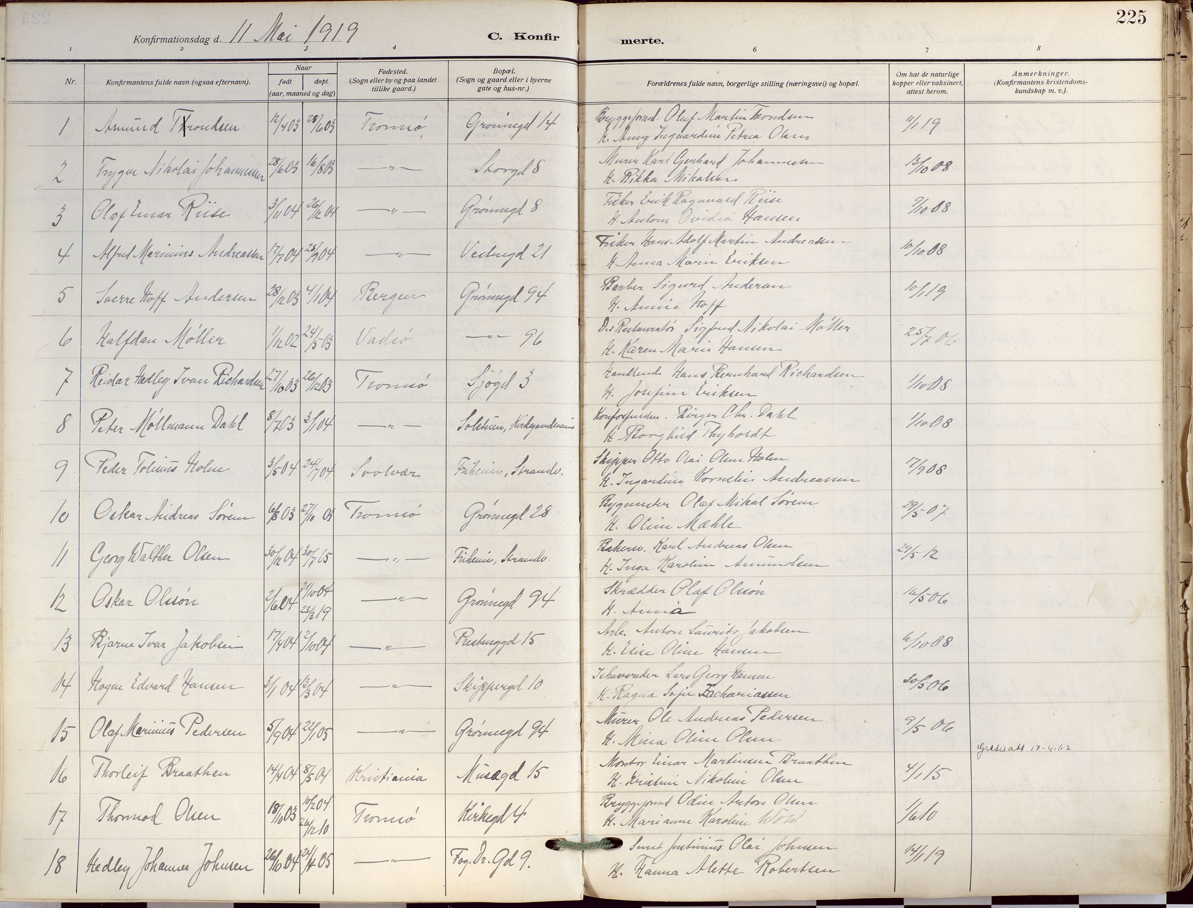 Tromsø sokneprestkontor/stiftsprosti/domprosti, SATØ/S-1343/G/Ga/L0019kirke: Parish register (official) no. 19, 1917-1927, p. 225