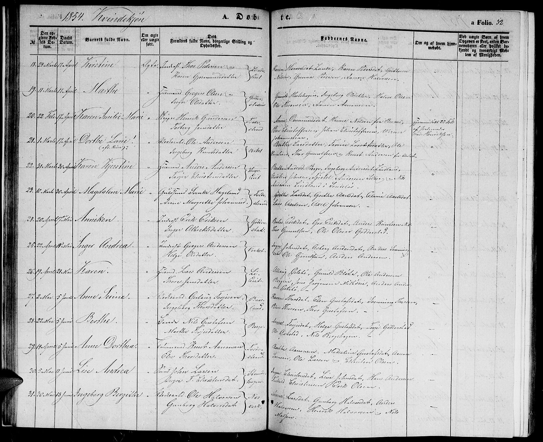 Holt sokneprestkontor, SAK/1111-0021/F/Fb/L0007: Parish register (copy) no. B 7, 1849-1858, p. 52