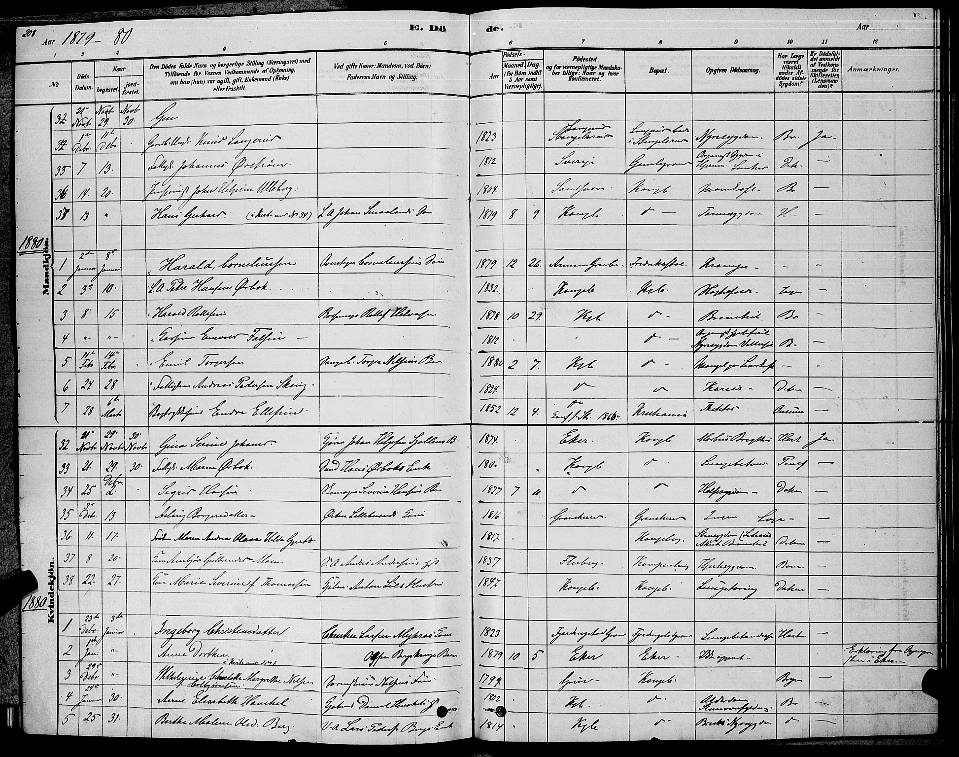 Kongsberg kirkebøker, SAKO/A-22/G/Ga/L0005: Parish register (copy) no. 5, 1878-1889, p. 208