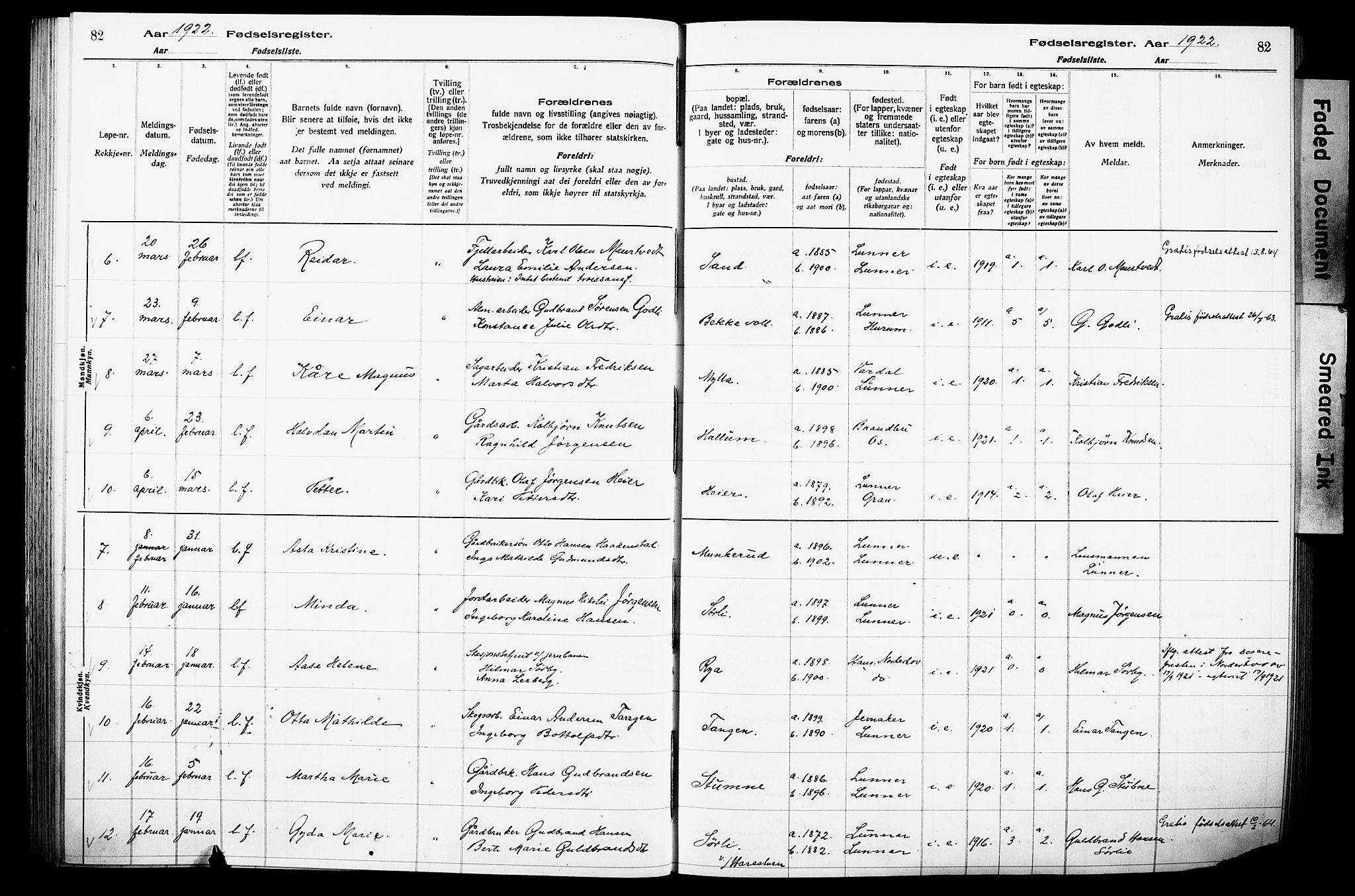 Lunner prestekontor, SAH/PREST-118/I/Id/L0001: Birth register no. 1, 1916-1932, p. 82