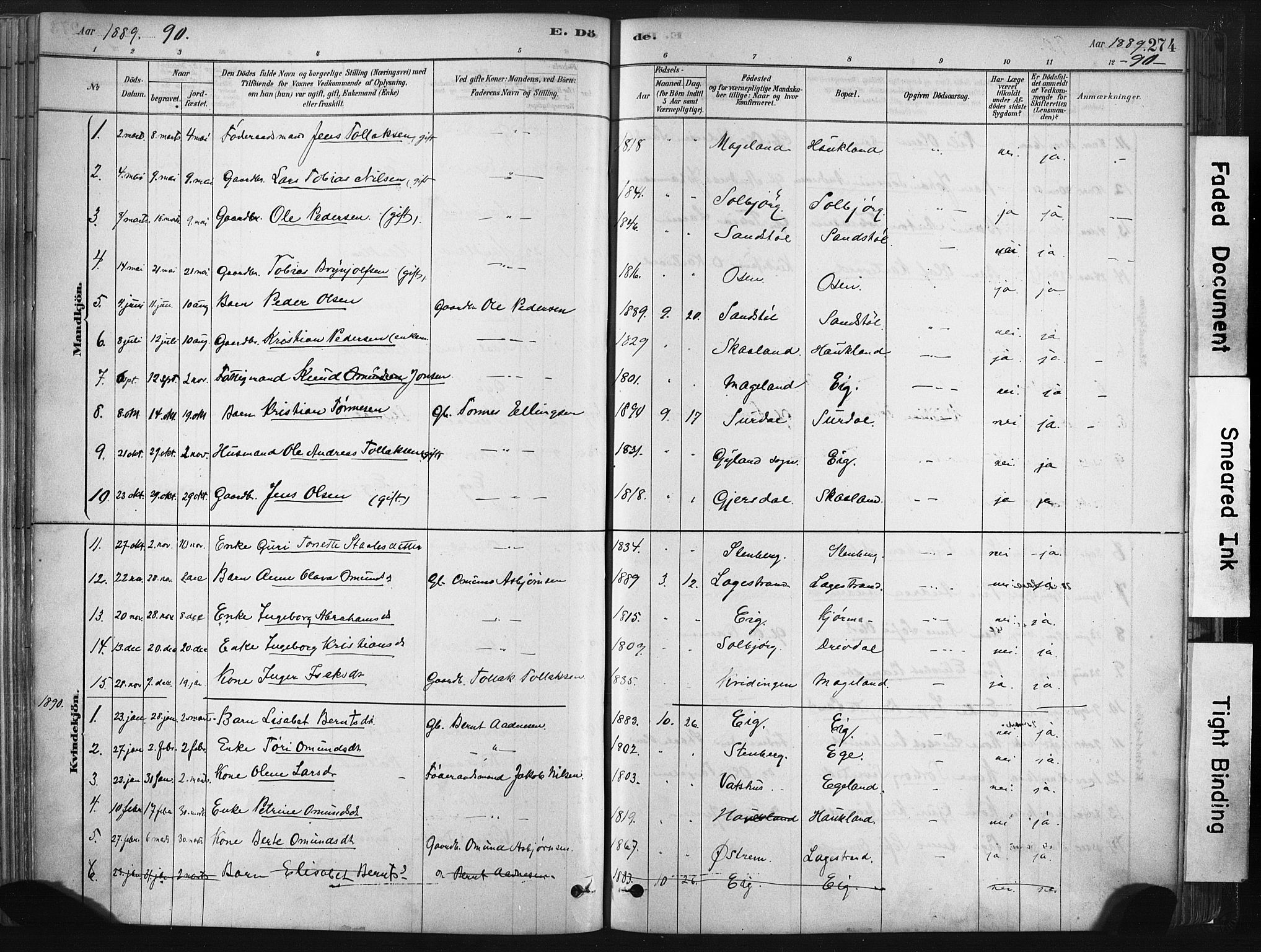 Lund sokneprestkontor, SAST/A-101809/S06/L0011: Parish register (official) no. A 10, 1877-1904, p. 274
