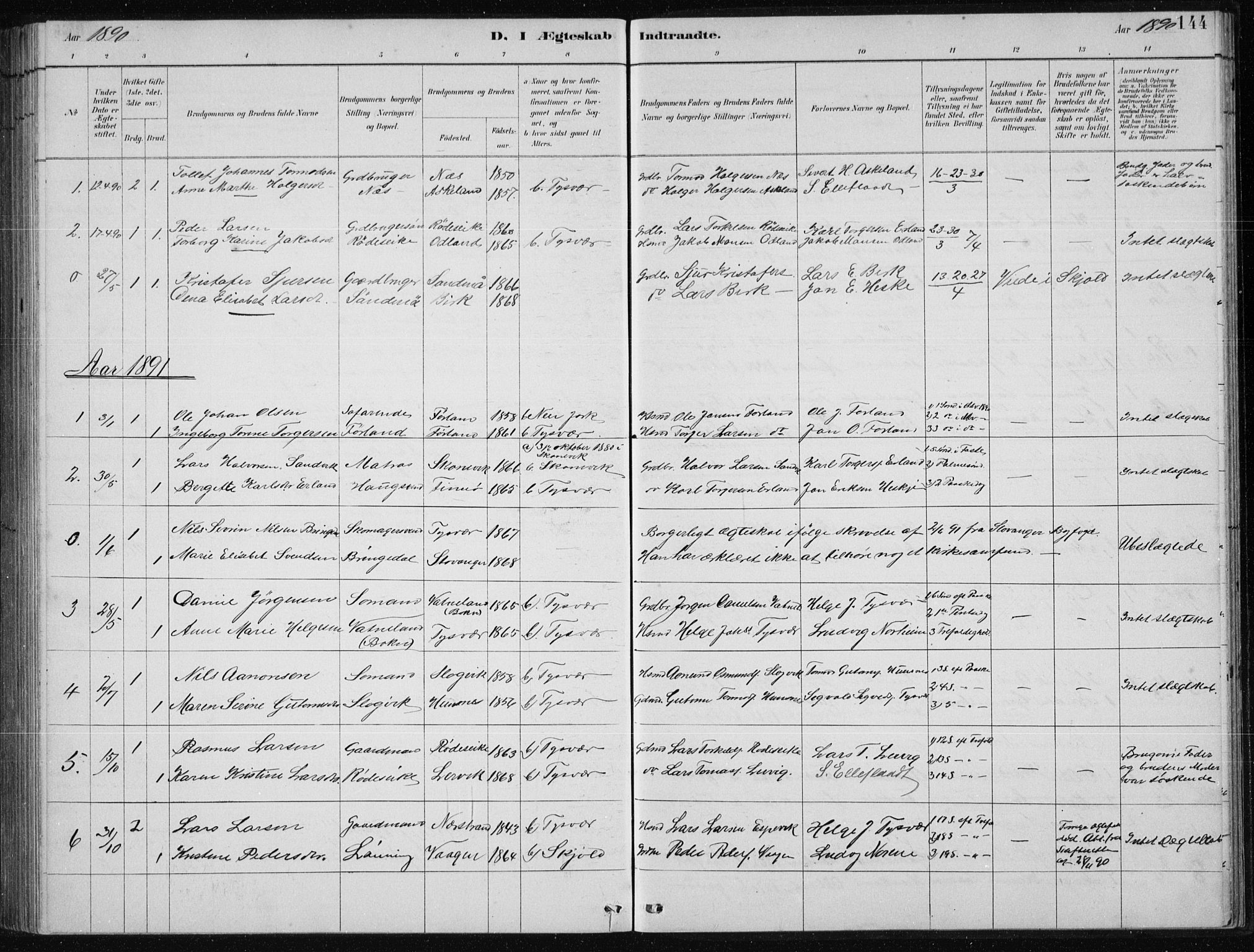 Tysvær sokneprestkontor, AV/SAST-A -101864/H/Ha/Hab/L0004: Parish register (copy) no. B 4, 1883-1896, p. 144