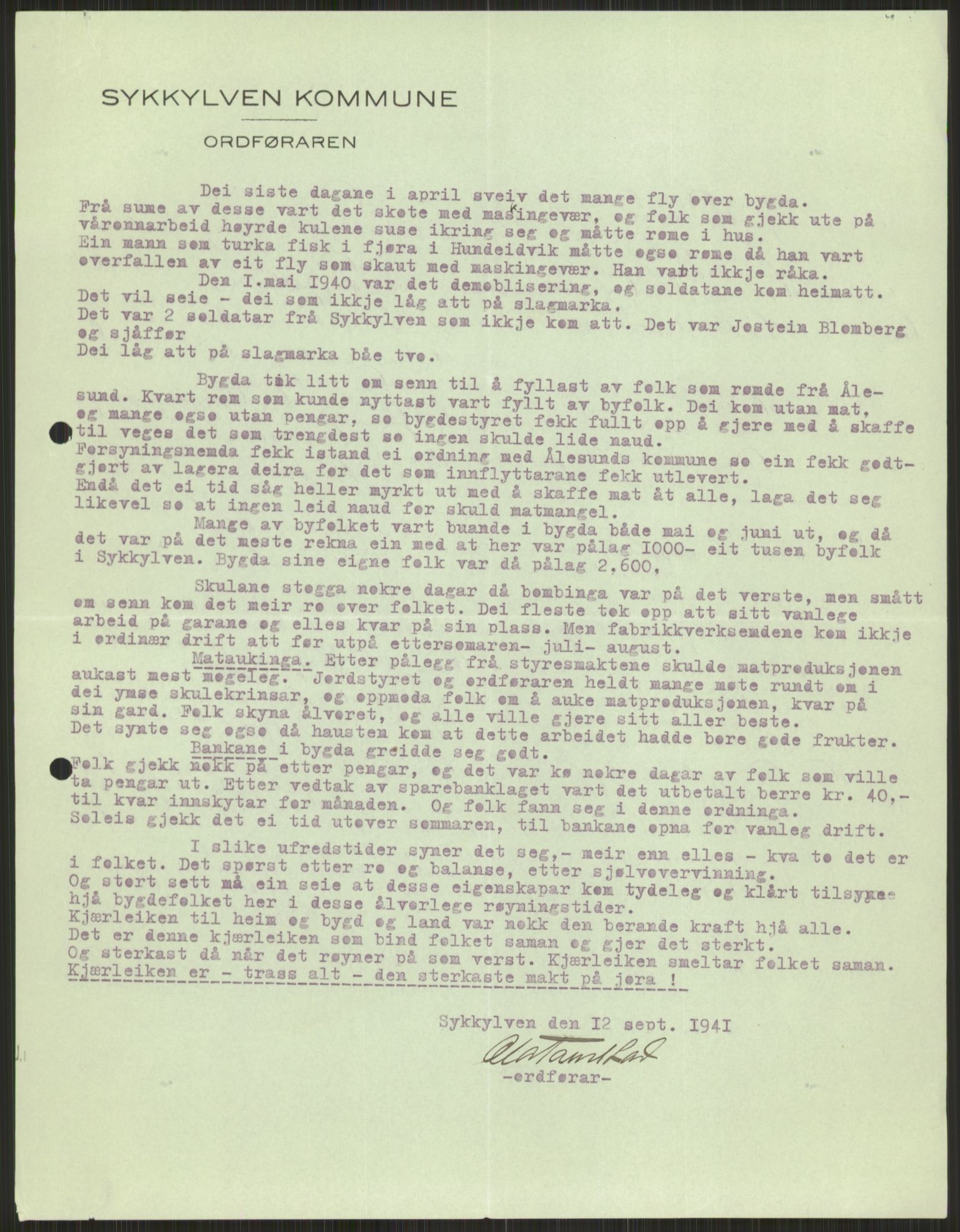 Forsvaret, Forsvarets krigshistoriske avdeling, AV/RA-RAFA-2017/Y/Ya/L0015: II-C-11-31 - Fylkesmenn.  Rapporter om krigsbegivenhetene 1940., 1940, p. 786