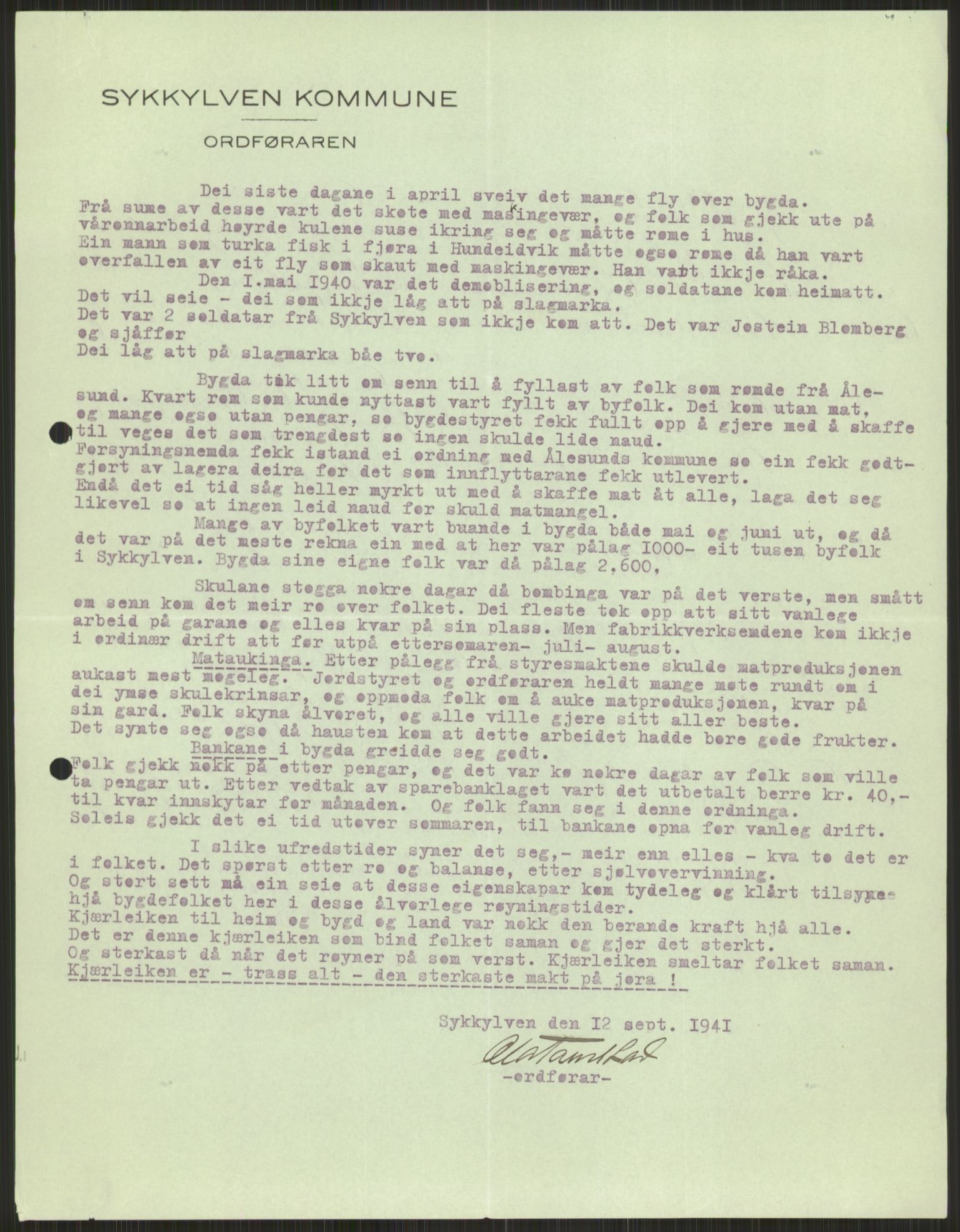 Forsvaret, Forsvarets krigshistoriske avdeling, AV/RA-RAFA-2017/Y/Ya/L0015: II-C-11-31 - Fylkesmenn.  Rapporter om krigsbegivenhetene 1940., 1940, p. 786