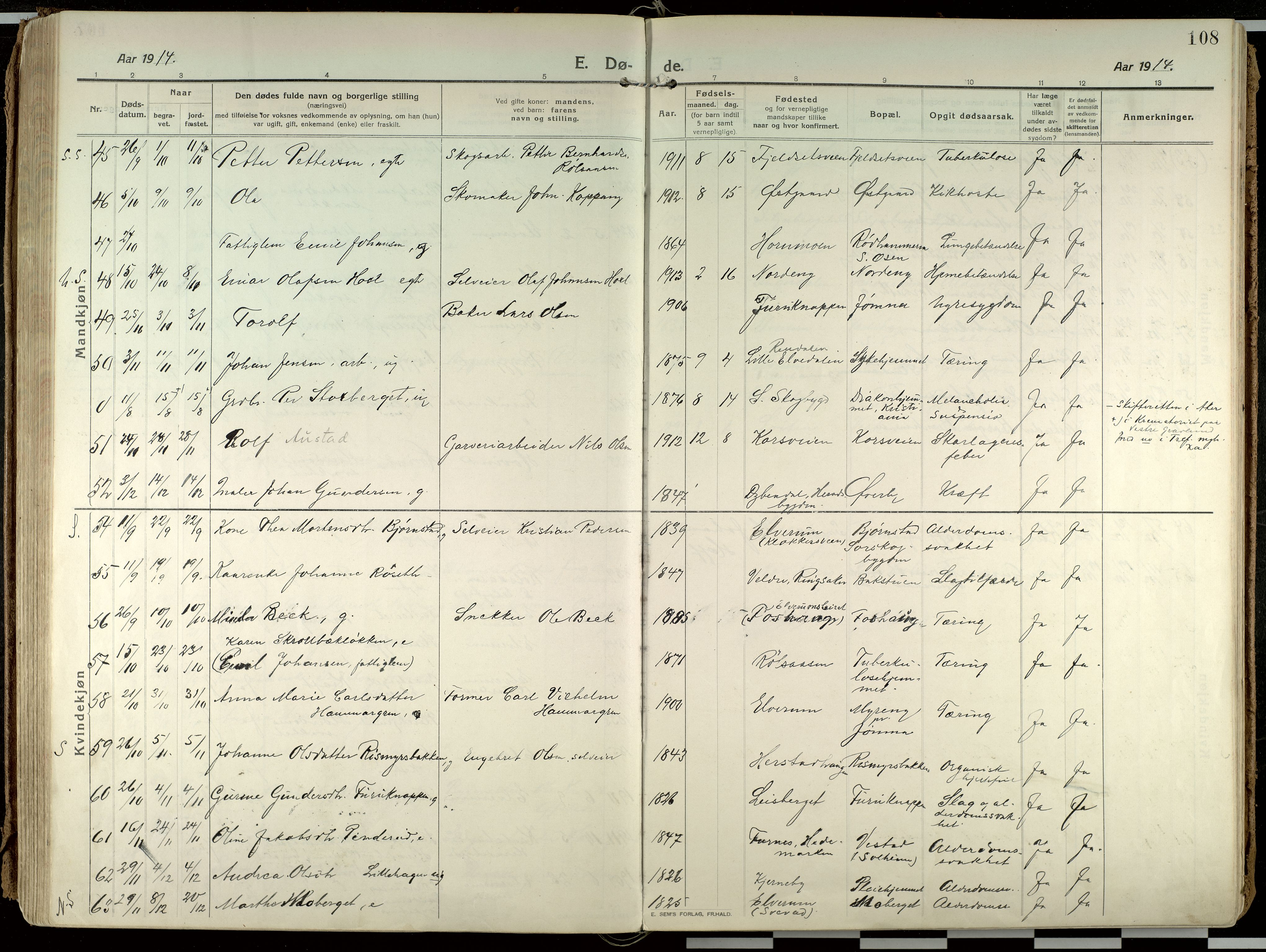 Elverum prestekontor, AV/SAH-PREST-044/H/Ha/Haa/L0021: Parish register (official) no. 21, 1913-1928, p. 108