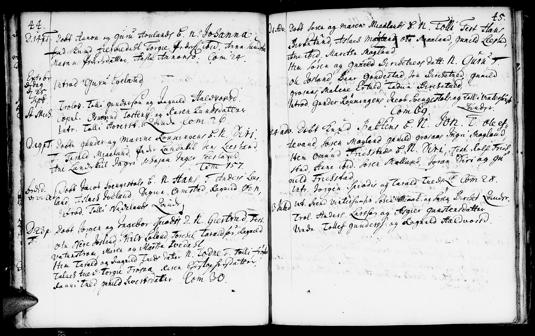 Evje sokneprestkontor, AV/SAK-1111-0008/F/Fa/Fac/L0001: Parish register (official) no. A 1, 1705-1764, p. 44-45