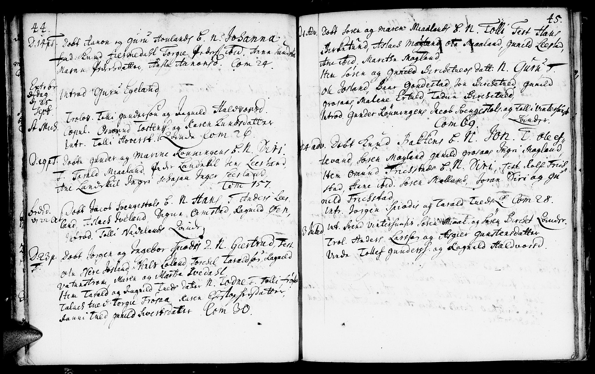 Evje sokneprestkontor, SAK/1111-0008/F/Fa/Fac/L0001: Parish register (official) no. A 1, 1705-1764, p. 44-45