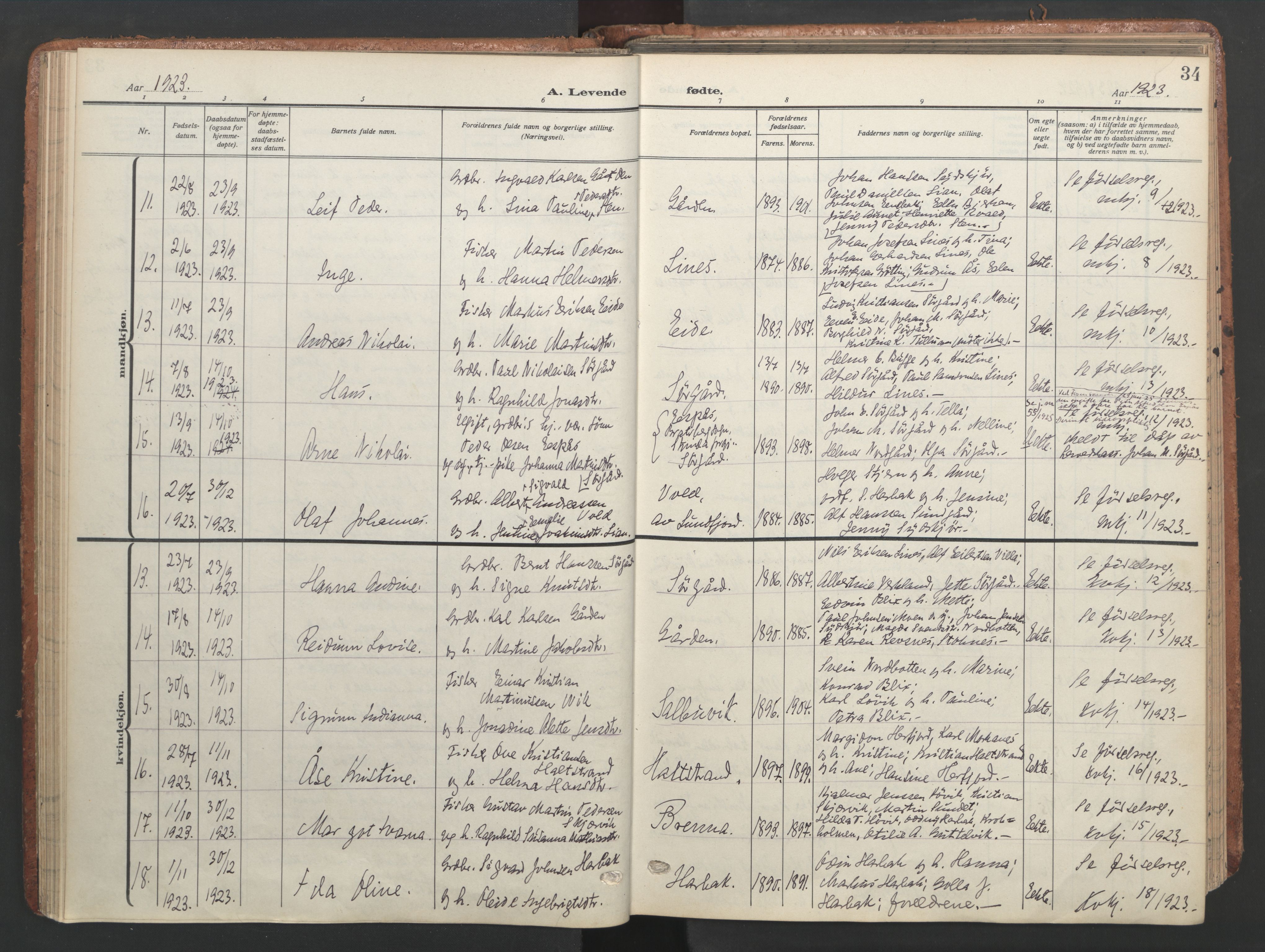 Ministerialprotokoller, klokkerbøker og fødselsregistre - Sør-Trøndelag, SAT/A-1456/656/L0694: Parish register (official) no. 656A03, 1914-1931, p. 34